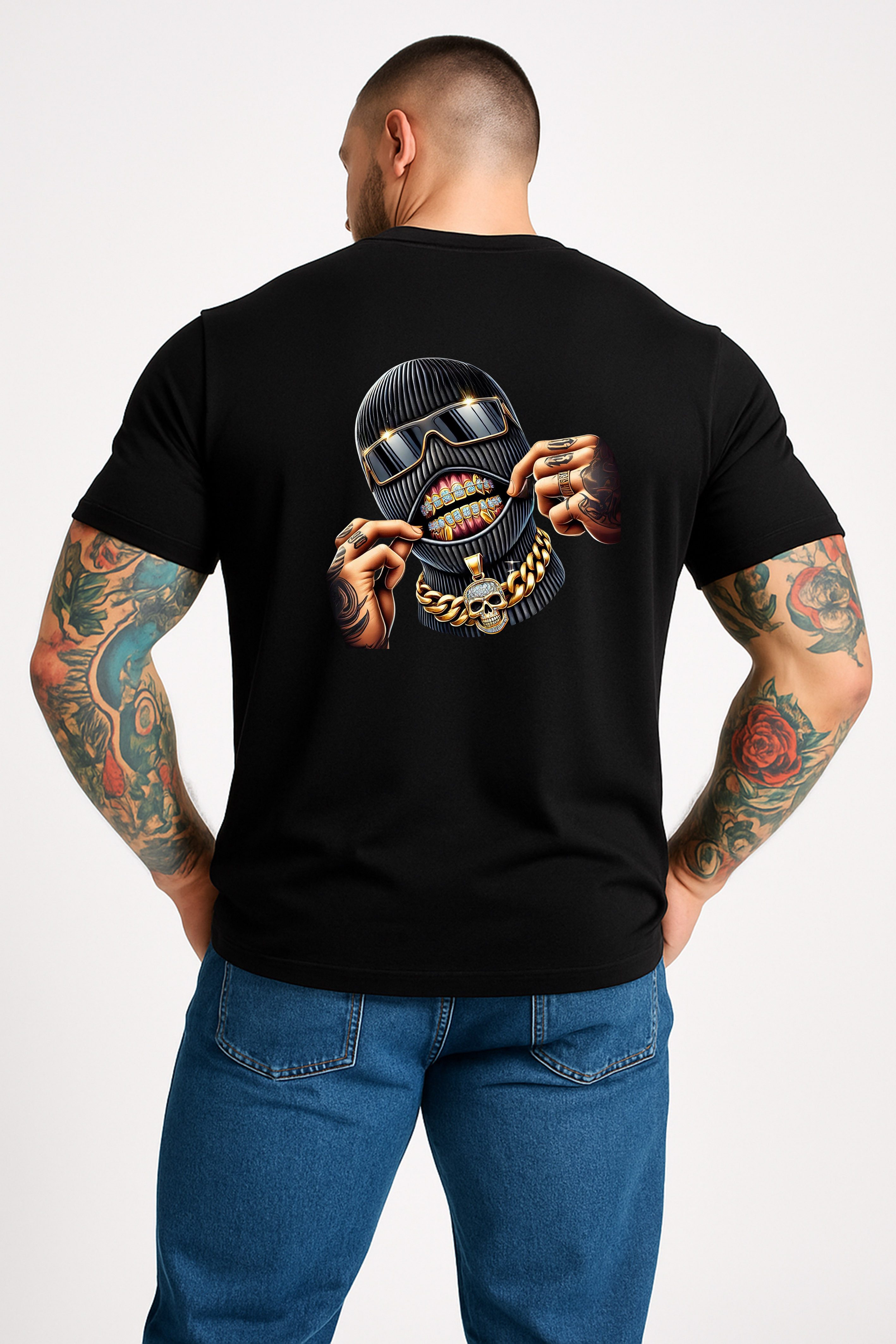 T-Shirt Herren Smile Goldkette Totenkopf -Streetwear Rundhals Kurzarm Sommer