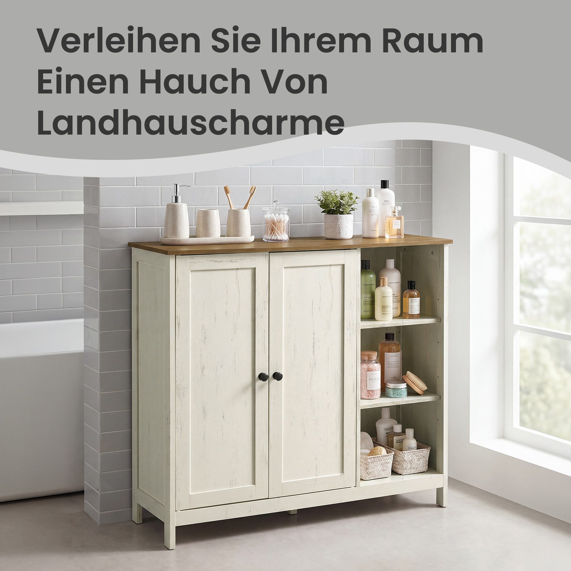 VASAGLE Waschbeckenunterschrank Badschrank 1 Stück Aufbewahrungsschrank mit 2 Türen und Offenen Fächern, 90 x 30 x 80 cm, für Badezimmer – Bild 4 von 5