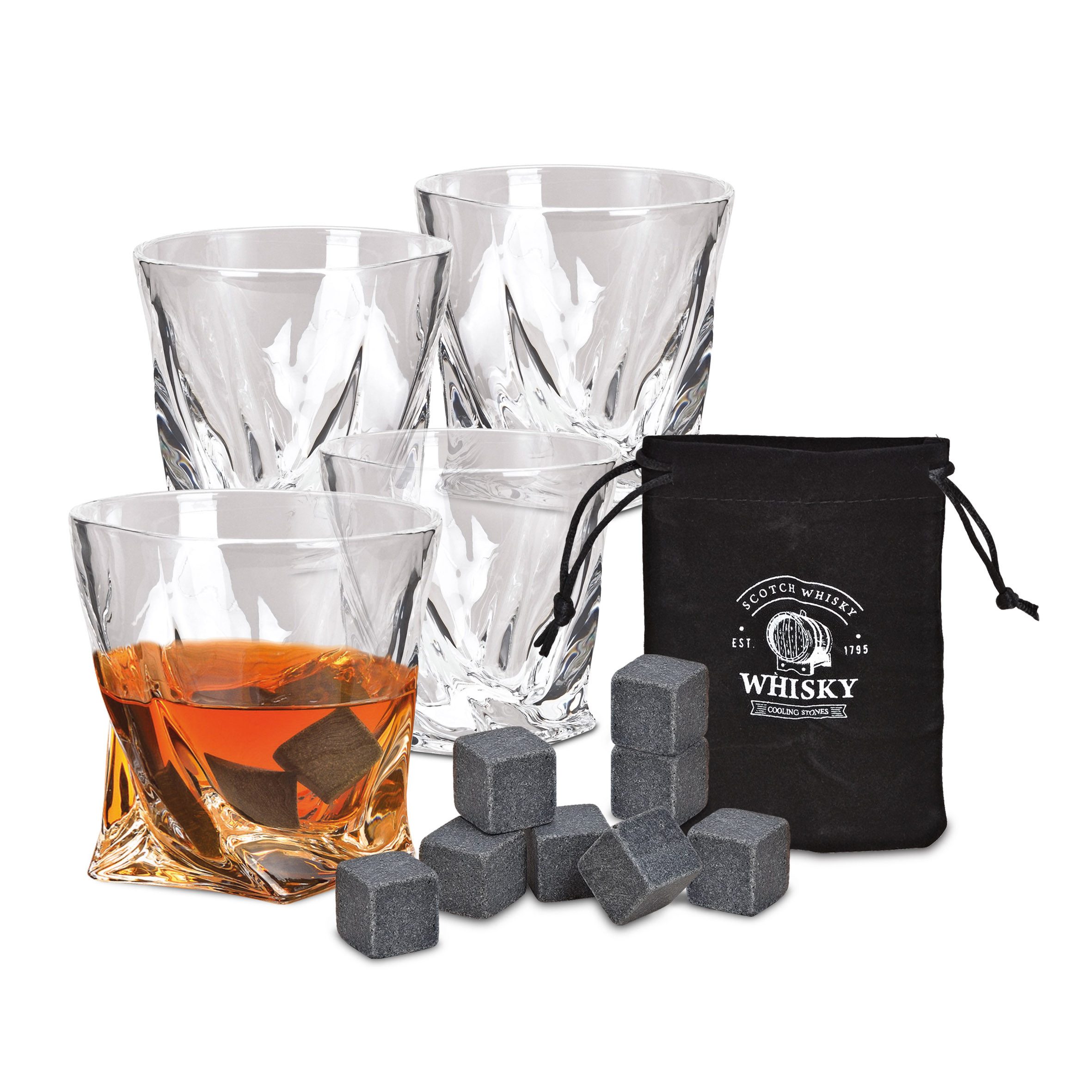 Woma Whiskyglas Whisky Glas Geschenk Set aus Kristallglas - 13-teilig, Kristallglas / Basalt, 4er Trinkglas Set mit 8x Basalt Kühlsteinen und Samtbeutel