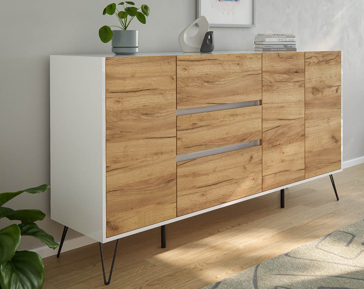 Posseik Waschtisch-Set Sideboard FAVIER 180 x 94cm, 3 Schubladen 3 Türen, weiß-eiche, (Sideboard, 1-St., Sideboard)