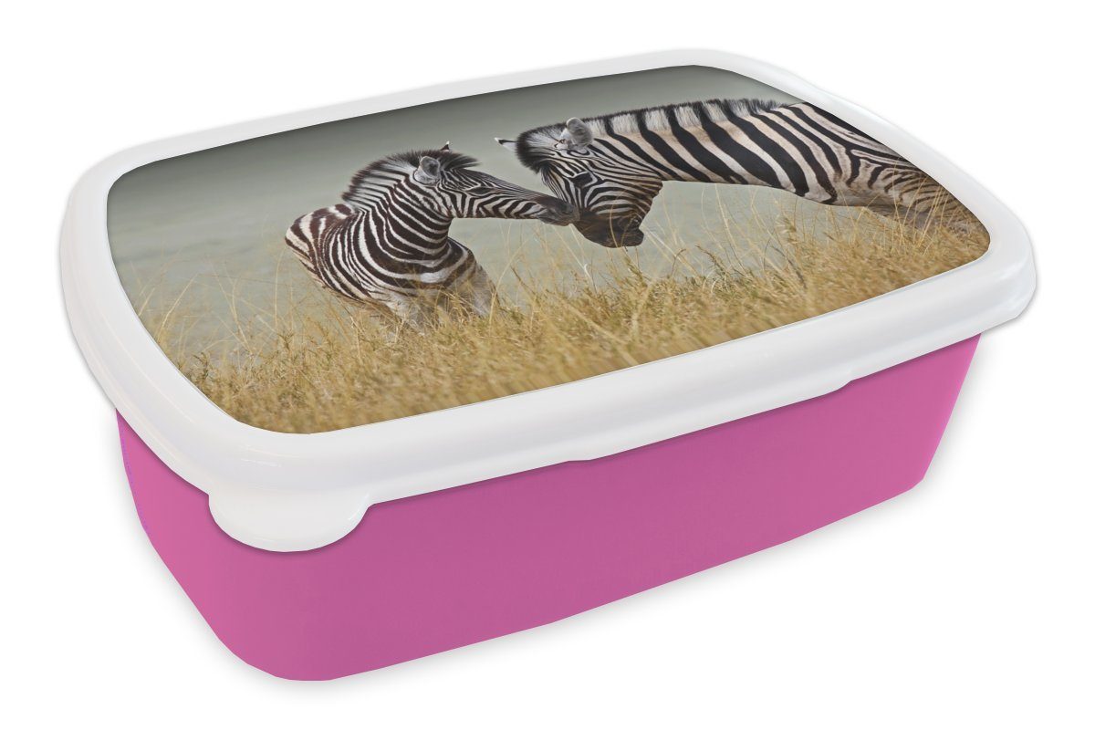 MuchoWow Lunchbox Zebramutter und ihr Kalb, Kunststoff, (2-tlg), Brotbox für Erwachsene, Brotdose Kinder, Snackbox, Mädchen, Kunststoff rosa