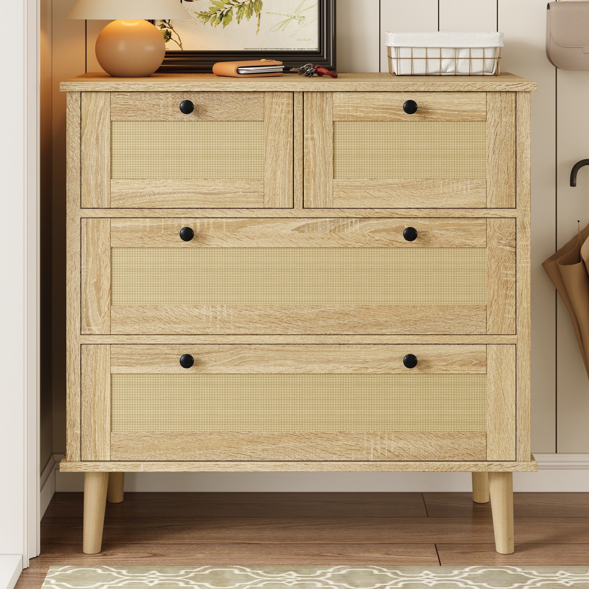 Merax Sideboard mit 4 Rattanschubladen & Massivholzbeinen (80 L x 40 B x 80 günstig online kaufen