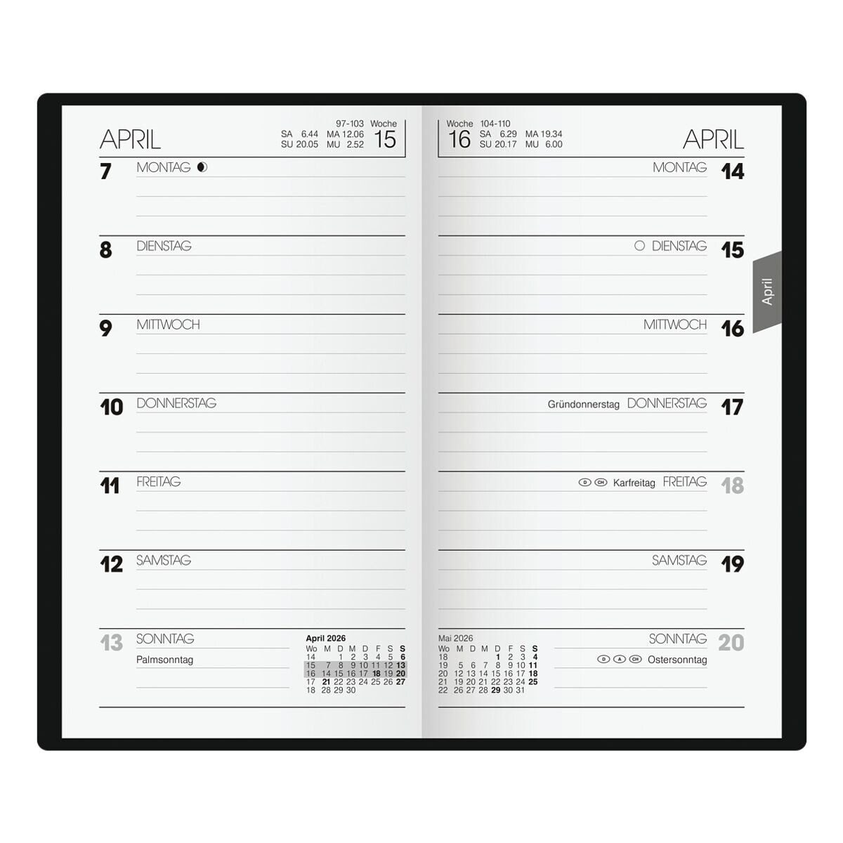 BRUNNEN Taschenkalender, für 2026, 1 Seite = 1 Woche