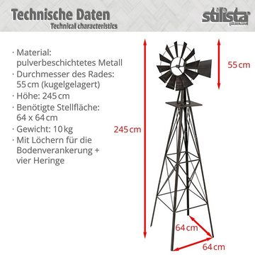 STILISTA Windrad Windmühle US-Style Deko-Windspiel Gartendeko, Höhe 245 cm, pulverbeschichtetes Metall, kugelgelagert, Farbwahl