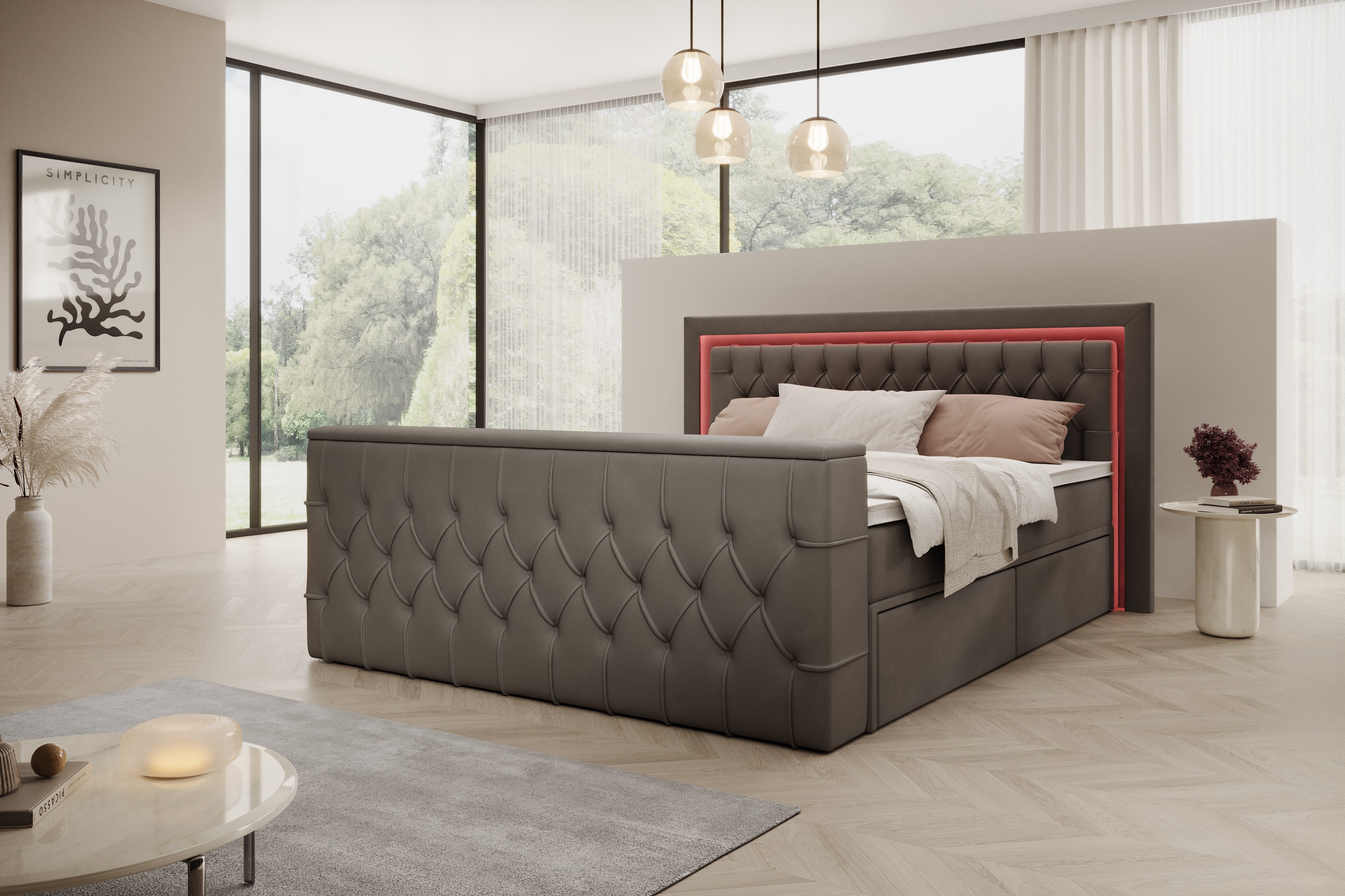PROMETO Möbel Boxspringbett Doppelbett 180x200 mit Matratze, Schubladen TV-Lift LED Beleuchtung, inkl. 7-Zonen-Taschenfederkernmatratze, TV-Lift im Fußteil, Top – Bild 3 von 5