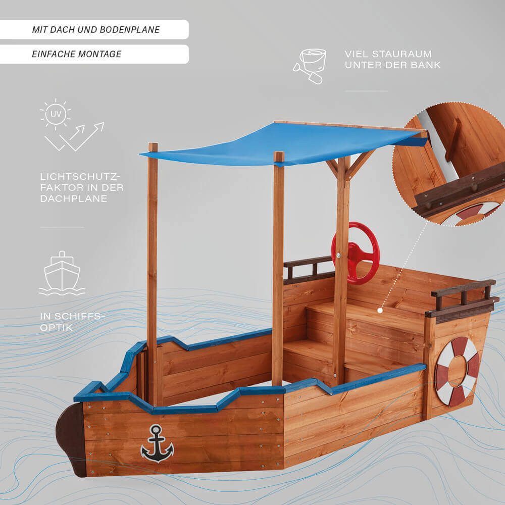 HOME DELUXE Sandkasten MATSCHEKISTE - 160 x 78 x 103 cm, inkl. kleinem Dach & Sitzbank, Piratenschiff, Segelschiff