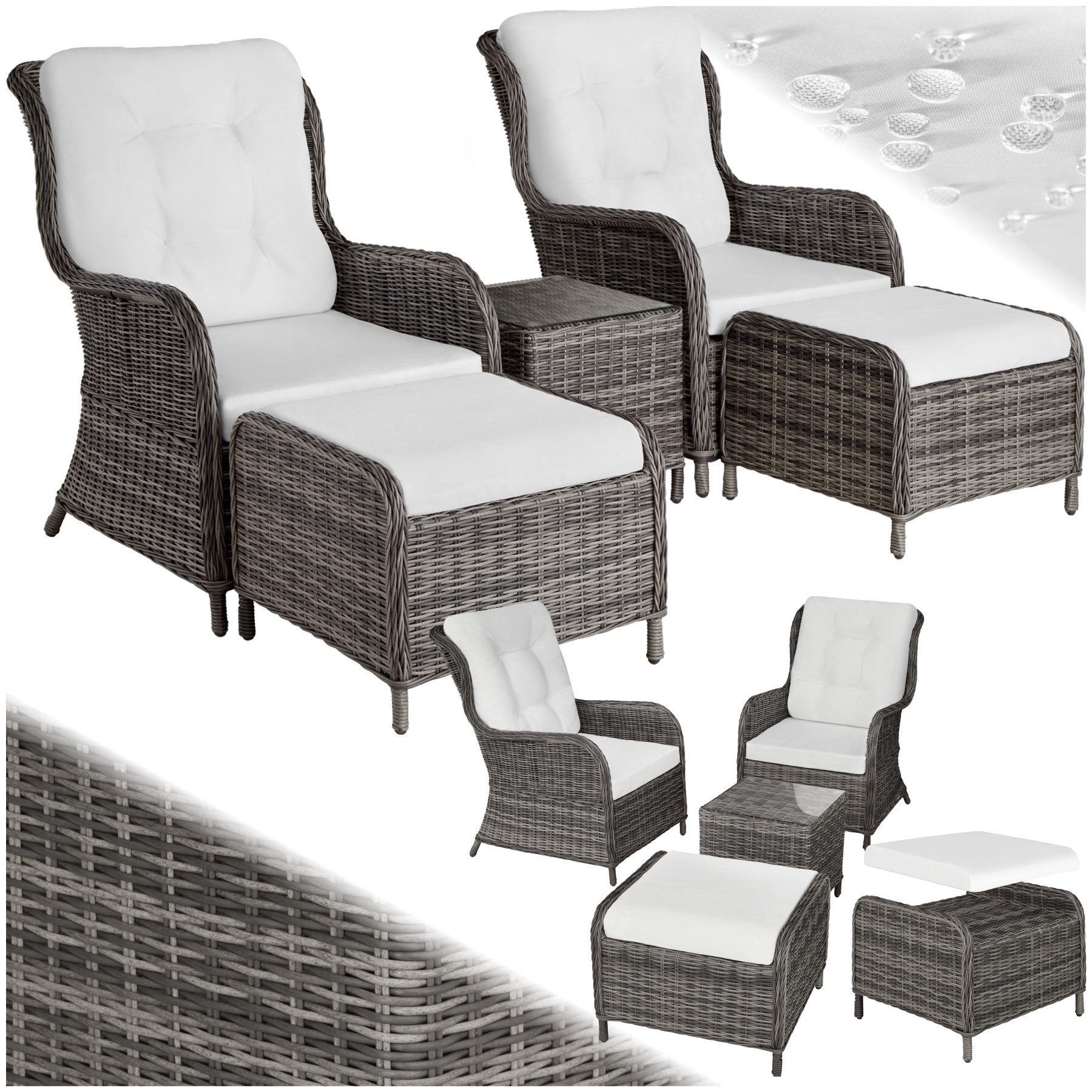 tectake Sitzgruppe Aluminium Rattan Gartenlounge für 2 bis 4 Personen, kein Aufbau, (Loungeset Benissa, 5-tlg., für Außen in Grau), wetterfest und UV-beständig, gepolstert, mit Sicherheitsglasplatte