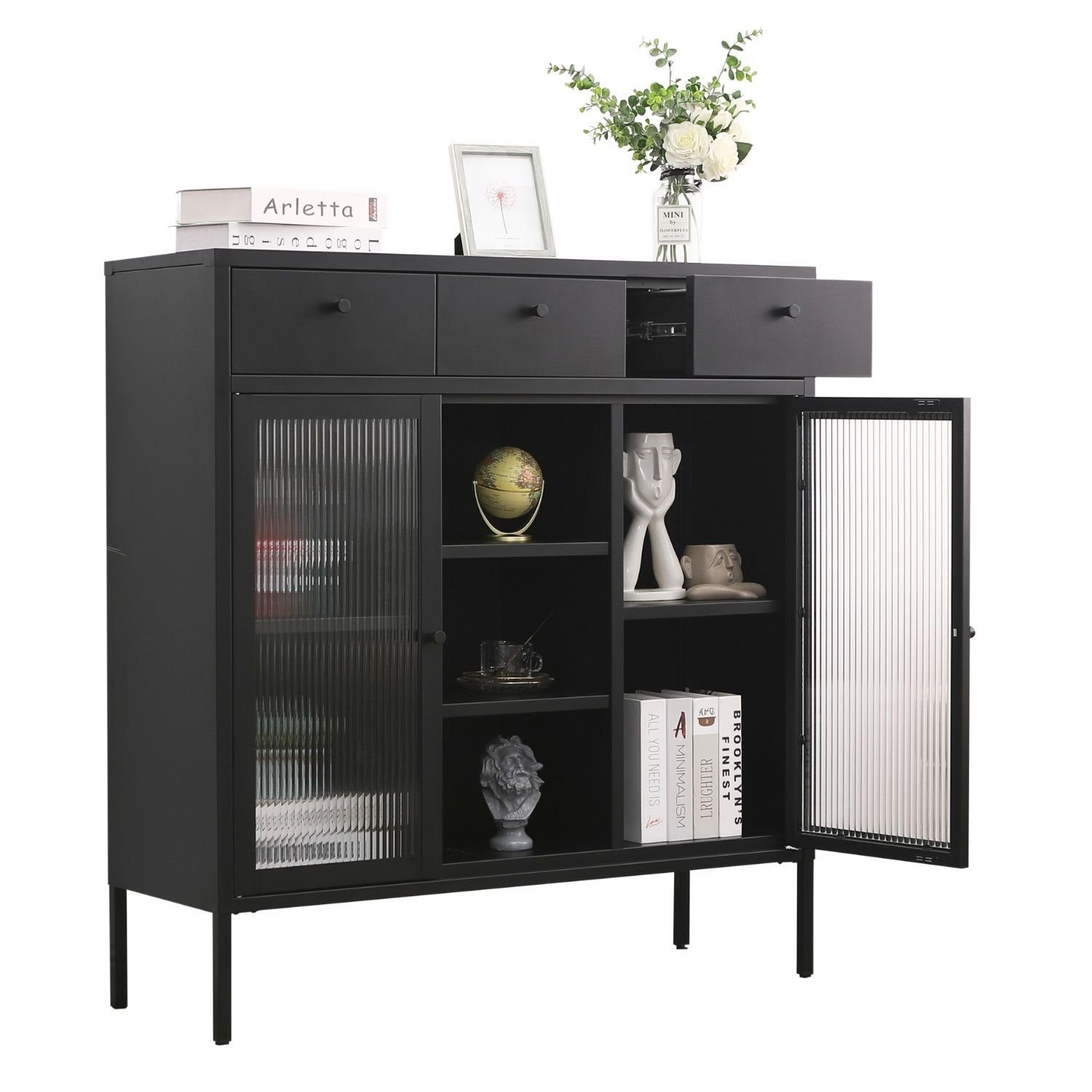 Mein-Regal Highboard, Highboard Paris Schwarz Regal Metall 2 Glastüren 3 Schubladen