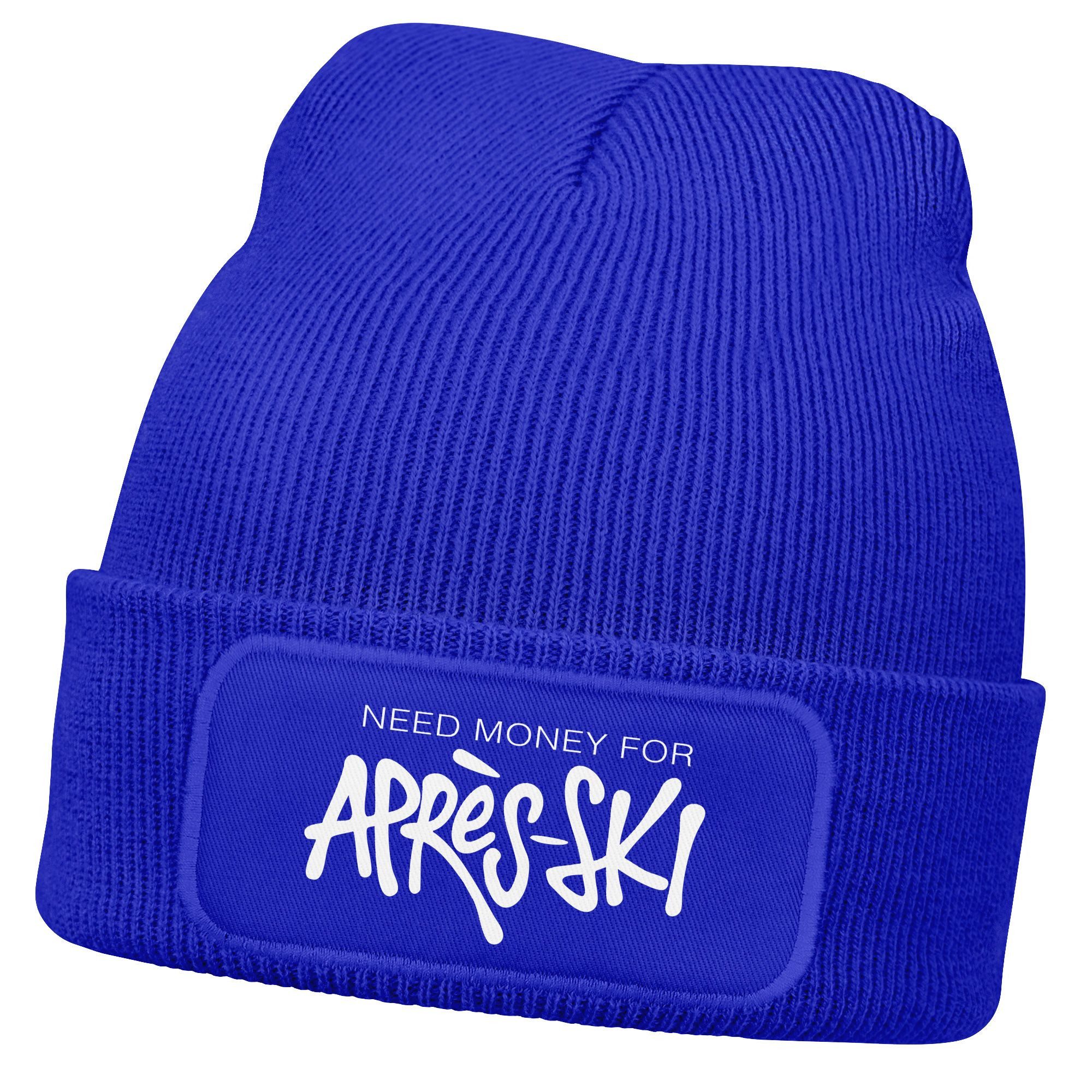 Strickmütze Damen Beanie Patch Spruch Need Money for Après-Ski Strickmütze