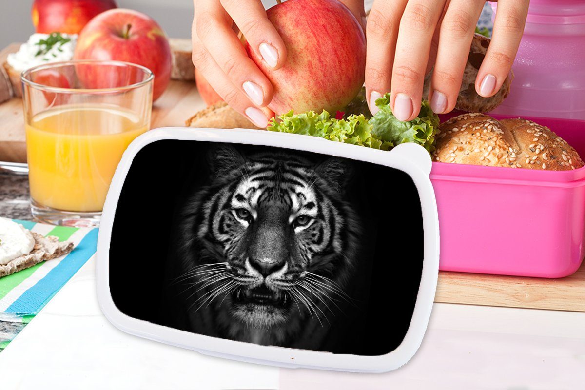 Erwachsene, Weiß Schwarz Snackbox, MuchoWow Kunststoff für - Tiger Mädchen, - Lunchbox Kinder, (2-tlg), Brotdose Wild, Kunststoff, rosa Brotbox Porträt - - Tiere -