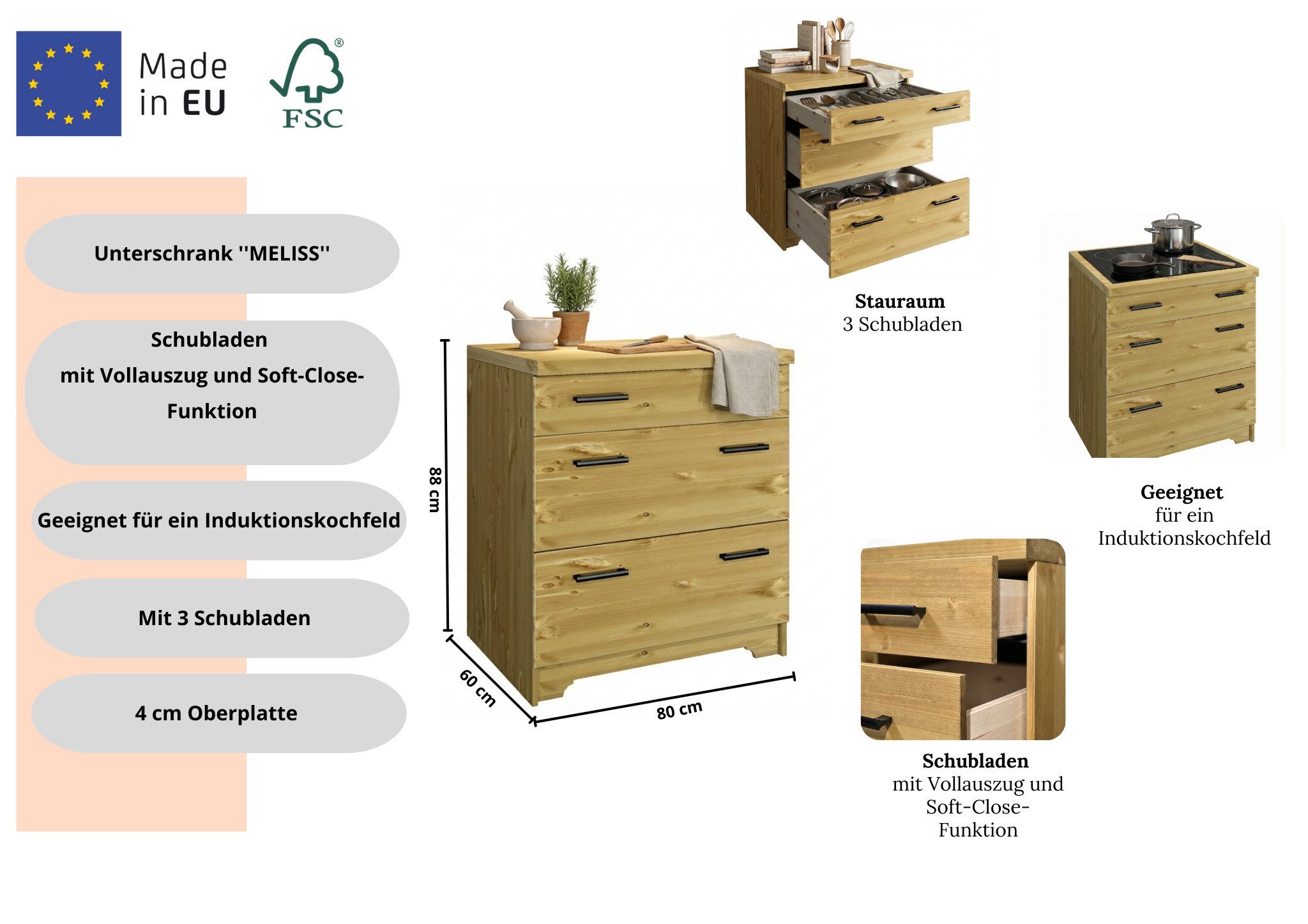 Home affaire Unterschrank Meliss aus massiver Kiefer, Breite 80 cm, Soft-Close-Funktion