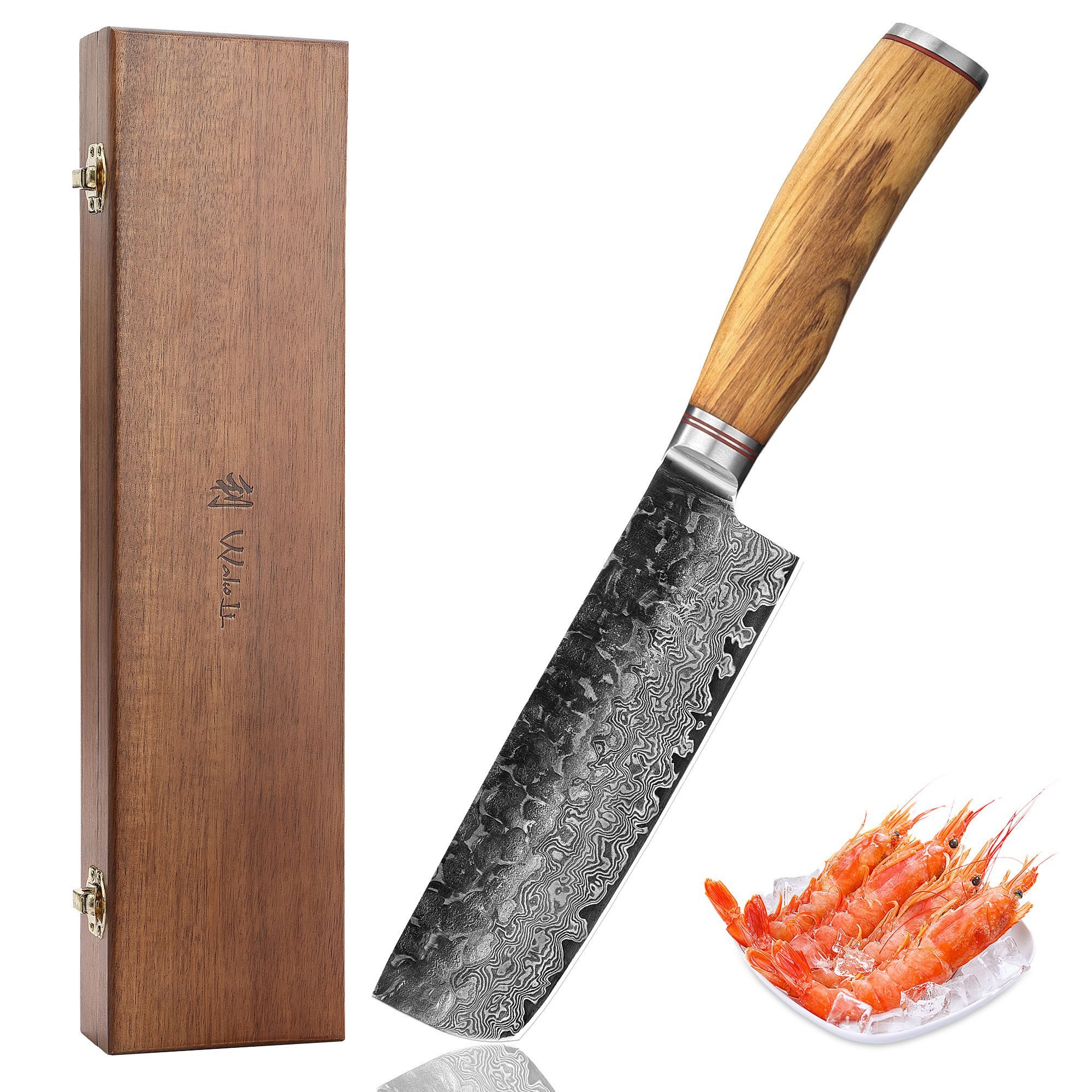 Wakoli Asiamesser Damast Nakiri I Küchenmesser Kochmesser 17 cm Klinge mit Hammerschlag, aus 67 Lagen Damaststahl, VG10