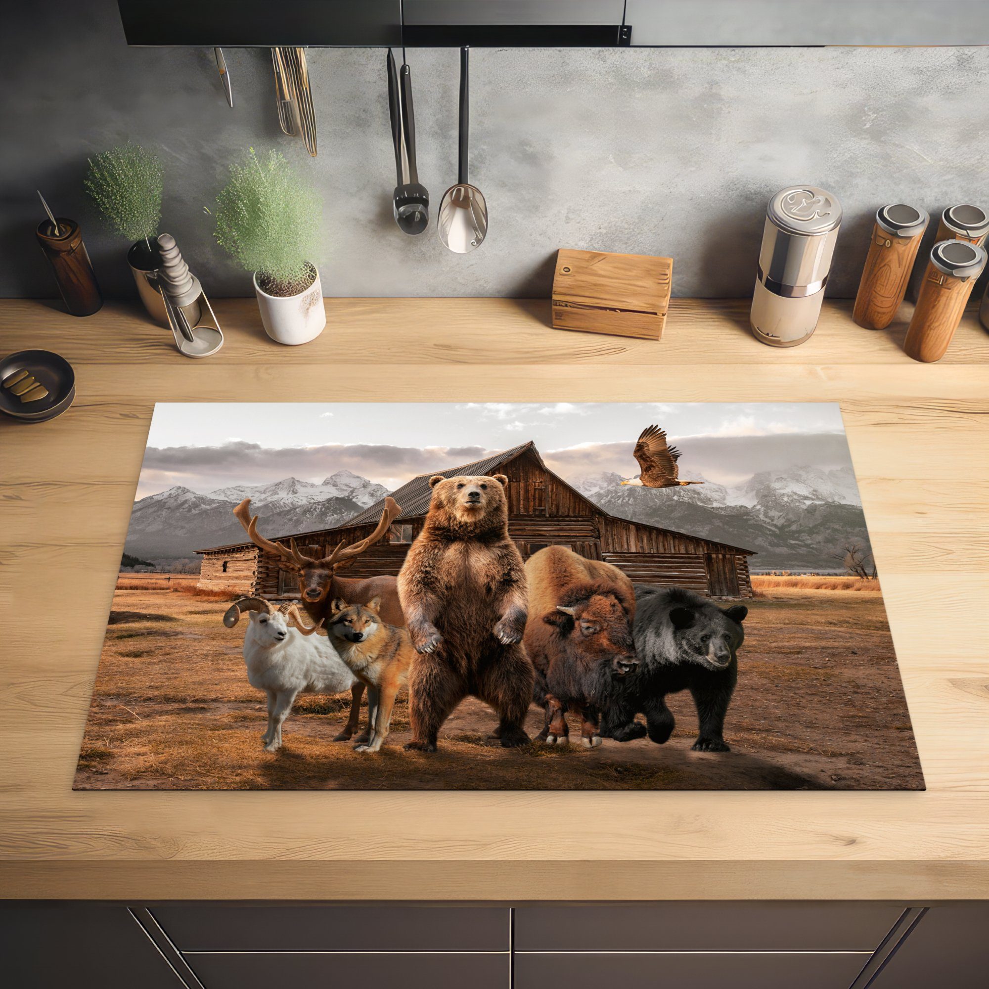 Schutz Induktionskochfeld Herdblende-/Abdeckplatte Five Tiere, MuchoWow Vinyl, die Ceranfeldabdeckung küche, tlg), 81x52 cm, Big für - - (1 Bär