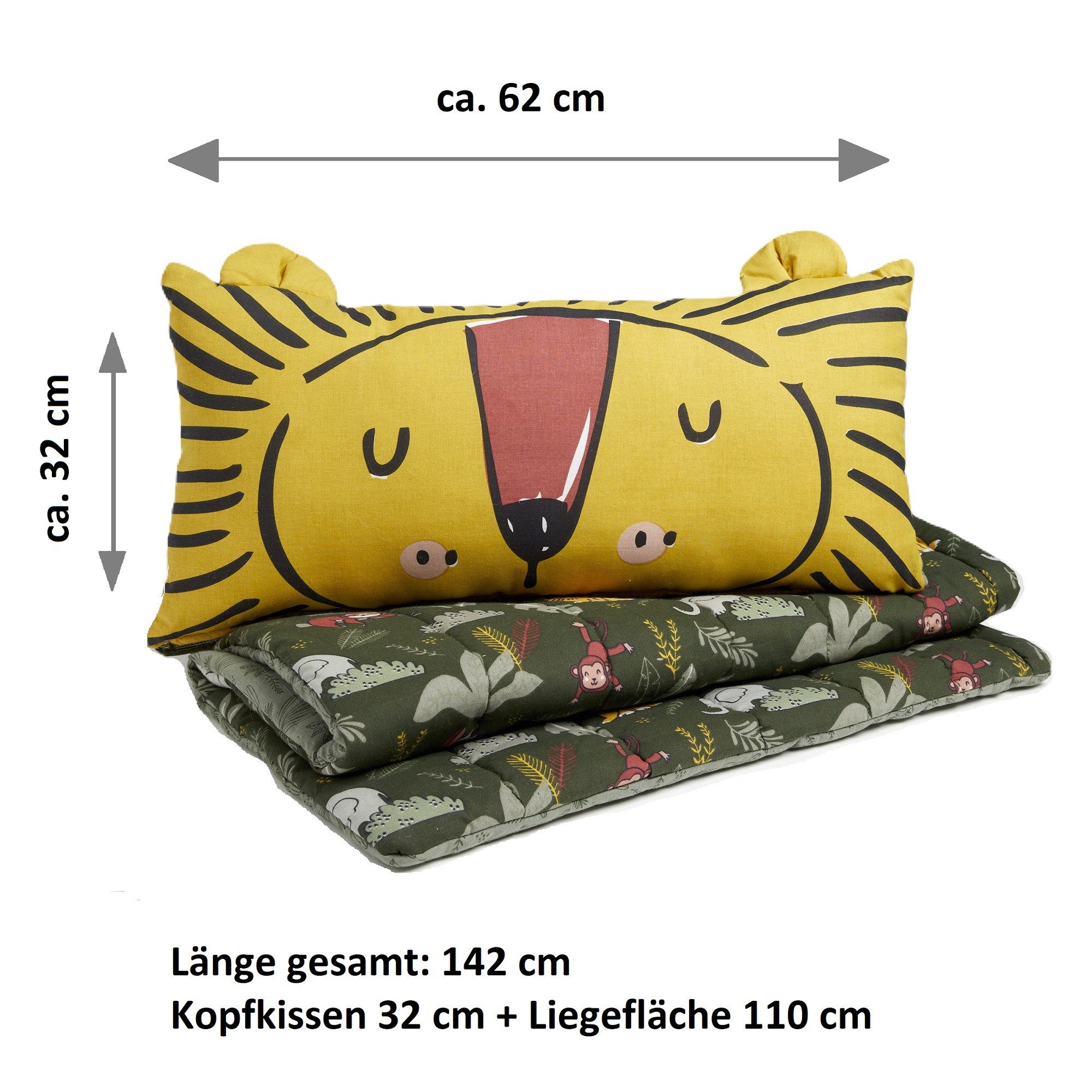 Familando Kinderschlafsack "Dschungelfieber" Indoor Schlafsack mit Tiermotiv und Reißverschluss, inkl. Löwenkopf-Kopfkissen mit Ohren
