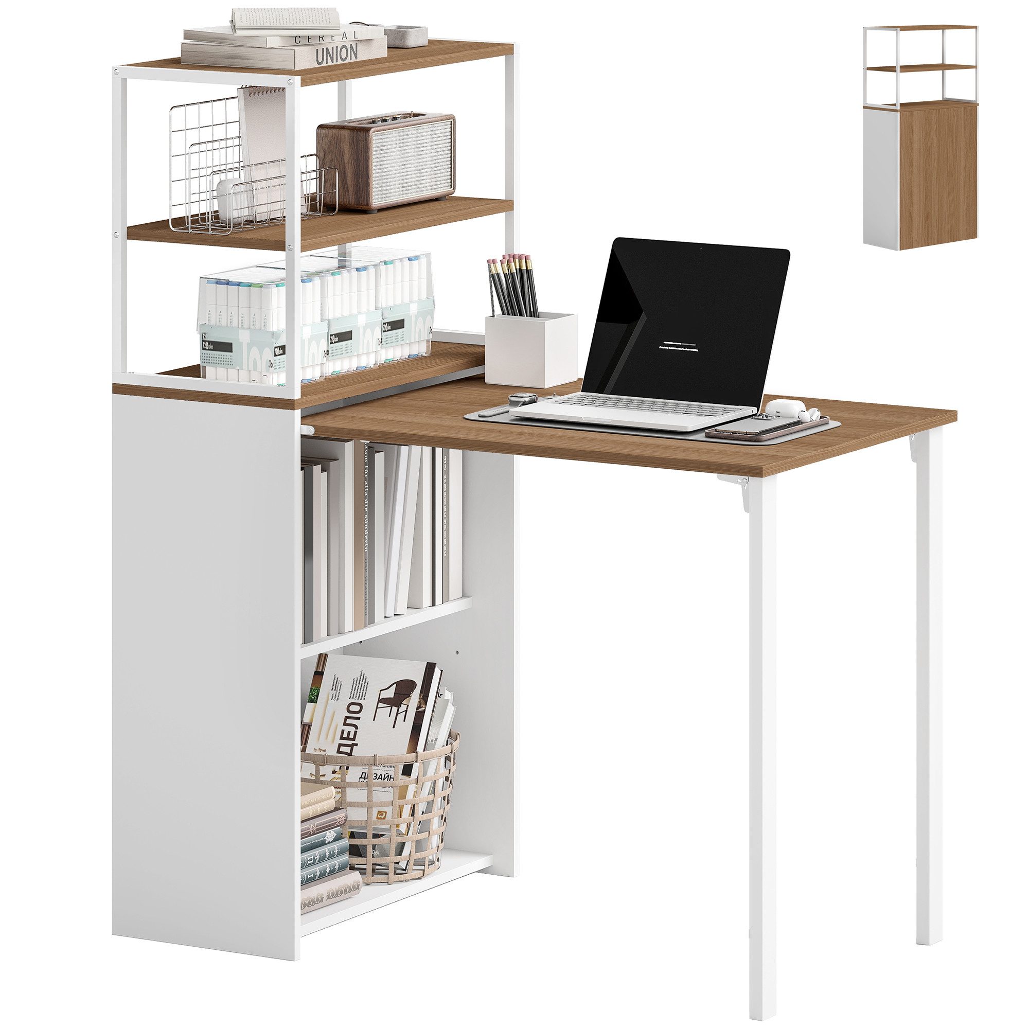 HOMCOM Schreibtisch Klappbarer Küchentisch mit 4 Regal Arbeitstisch Büroregal (Computertisch, 1-St., Schreibtisch mit 4 Regale), für Arbeitszimmer, Wohnzimmer, Naturholz