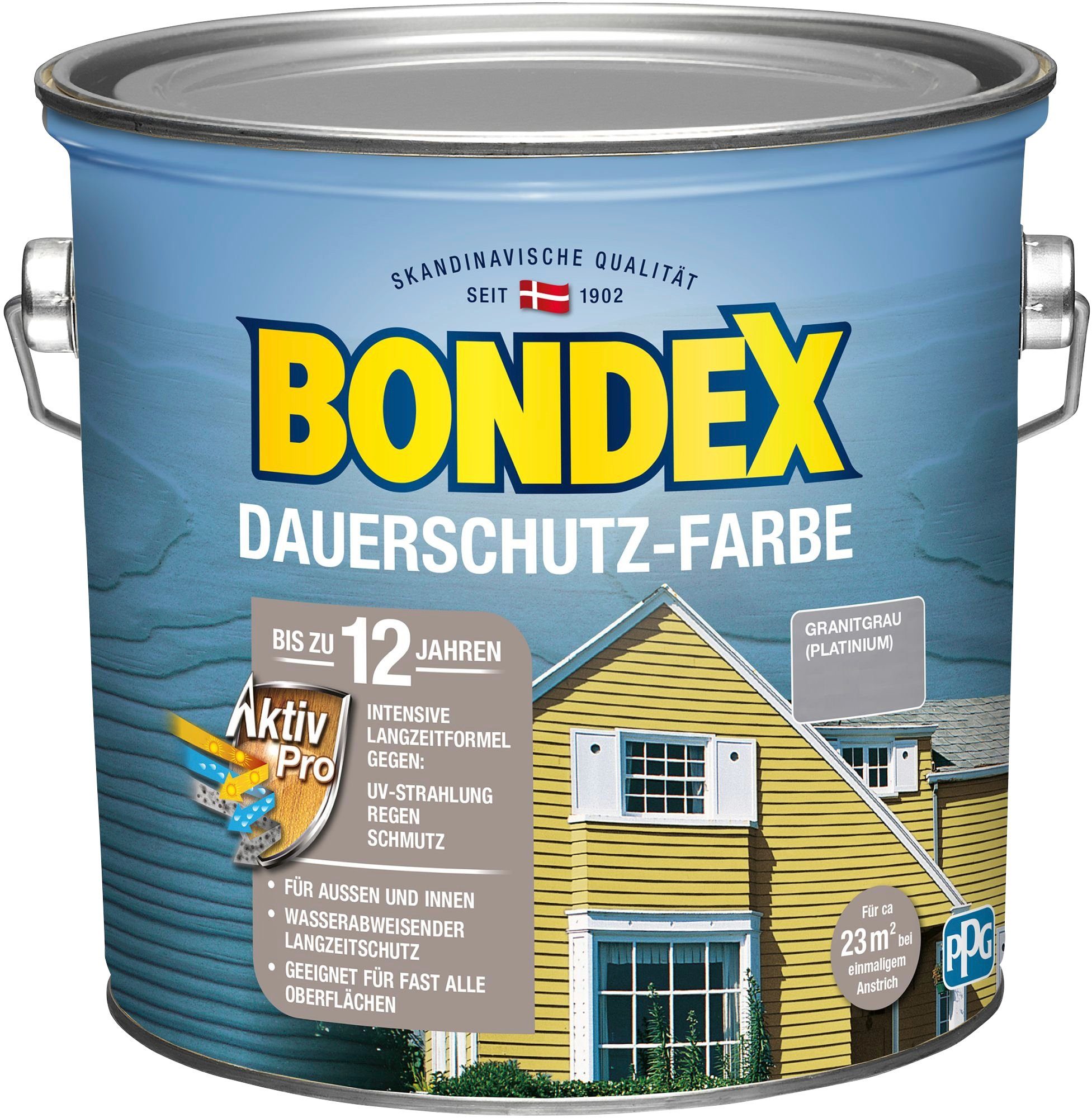 Bondex Wetterschutzfarbe DAUERSCHUTZ-FARBE, für Außen Langzeitformel Granitgrau Wetterschutz / Innen, mit und Platinium Pro Aktiv