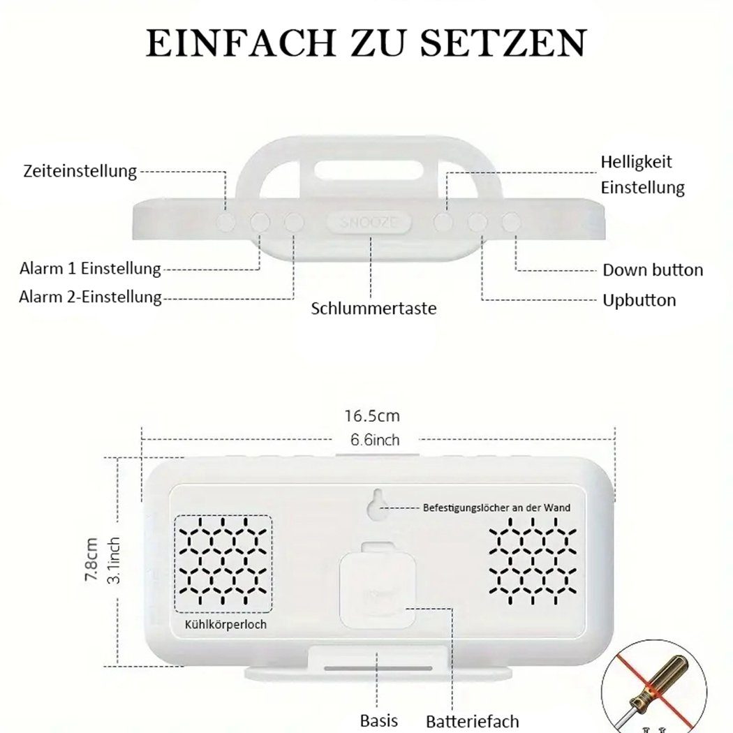 TUABUR Wecker Digitaler Wecker Schwarz 6,7-Zoll-LED-Spiegeluhr das Schlafzimmer, für