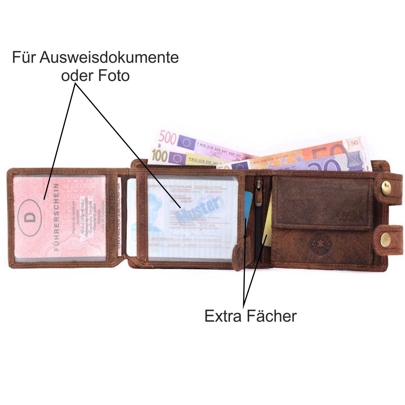 Portemonnaie, Lederbörse SHG mit Börse Münzfach Herren Brieftasche Büffelleder Leder Männerbörse Geldbörse Schutz mit Kette RFID