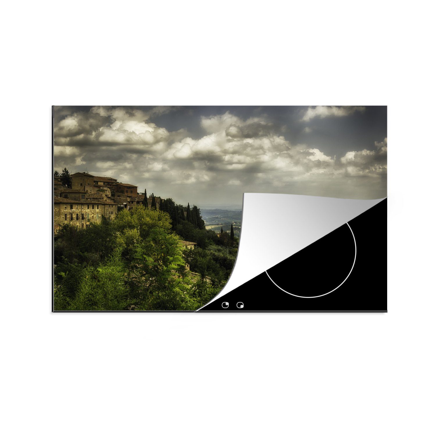 MuchoWow Herdblende-/Abdeckplatte Wolken über den toskanischen Hügeln in der ummauerten italienischen, Vinyl, (1 tlg), 81x52 cm, Induktionskochfeld Schutz für die küche, Ceranfeldabdeckung
