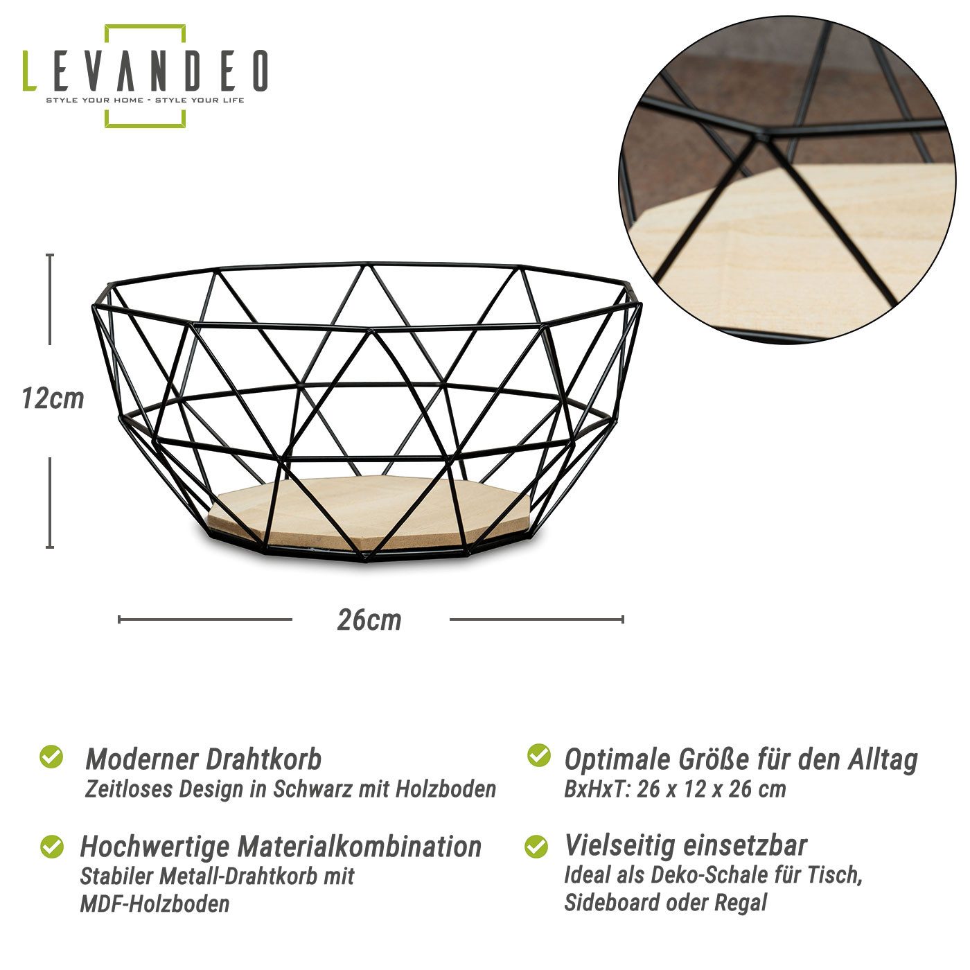 Levandeo® Dekoschale, Korb Metall Schwarz 26x12cm Modern Holz MDF Braun Sch günstig online kaufen