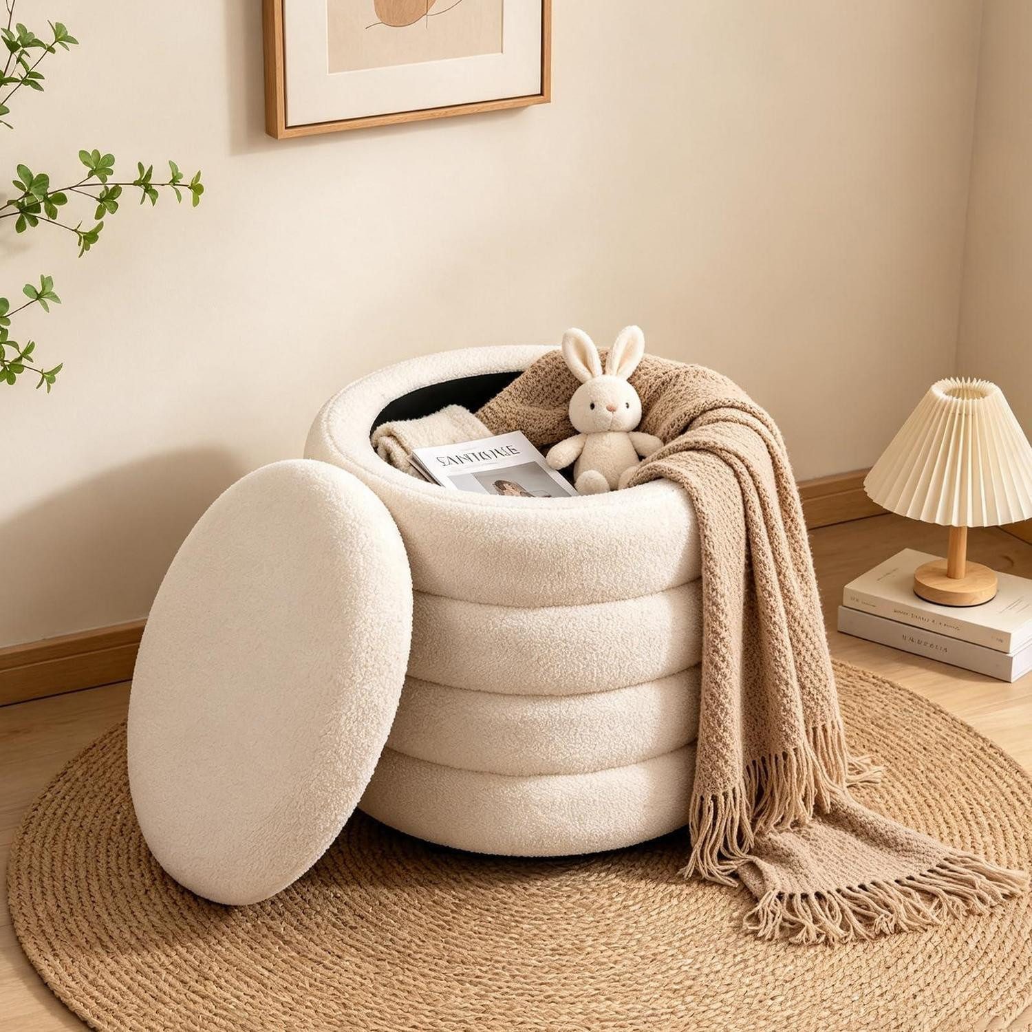 LuxusKollektion Sitztruhe Hocker mit Stauraum Teddy Bouclé Ø46x47cm (1-St)