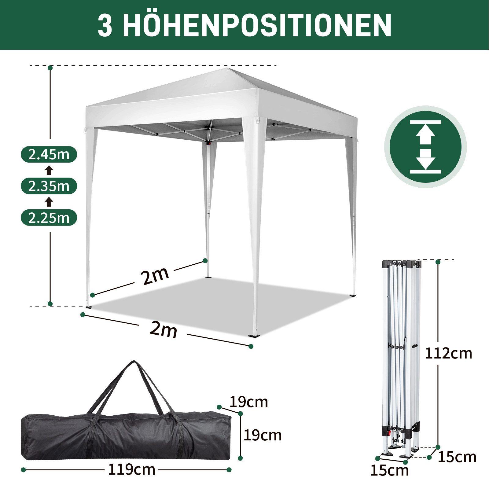 LALAHO Faltpavillon Partyzelt Pop Up Pavillon 2x2m,mit 4 Seitenwänden Gartenpavillon, mit 4 Seitenteilen, höhenverstellbar,mit Tragetasche,für Garten Festival, UV Schutz 50+