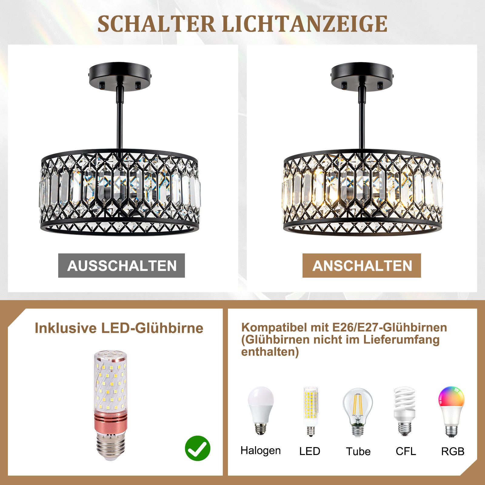 Jibenhome LED Deckenleuchte Schwarzer Kristalllampe,Moderne Kronleuchter Kristall Leuchte, LED wechselbar, Moderne Halb Einbauleuchte,Kristall Dekolampe für Küche, Schlafzimmer