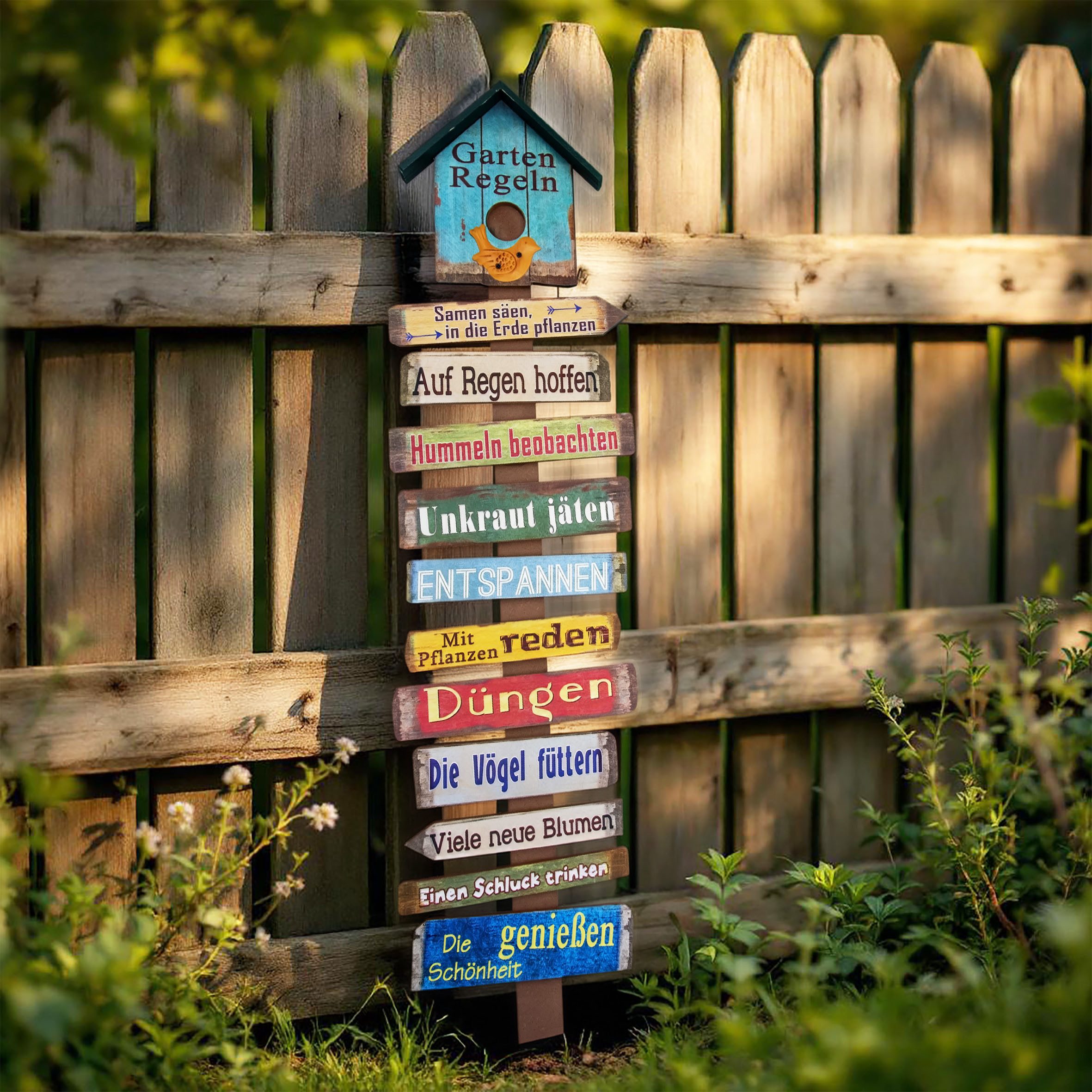 Spetebo Deko-Schriftzug Holz Gartenstab mit 11 Gartenregeln - 99 x 27 cm (Stück, 1 St., Gartenschild), Buntes Holzschild mit 11 Regeln für den Garten