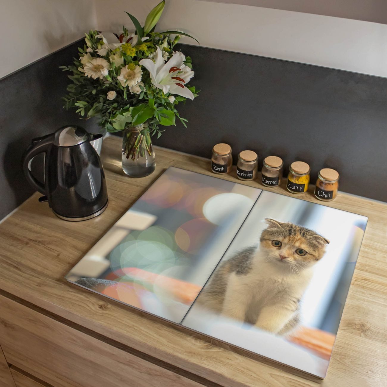 banjado Herd-Abdeckplatte zweiteilig aus Glas mit Motiv Kleine Katze, (gehärtet, 2 tlg., inkl. selbstklebende Gummifüßchen)