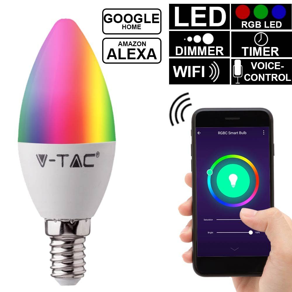 V-TAC LED-Leuchtmittel, RGB LED 4,8 W Smart Home Leuchtmittel App Alexa E14 Sprachsteuerung