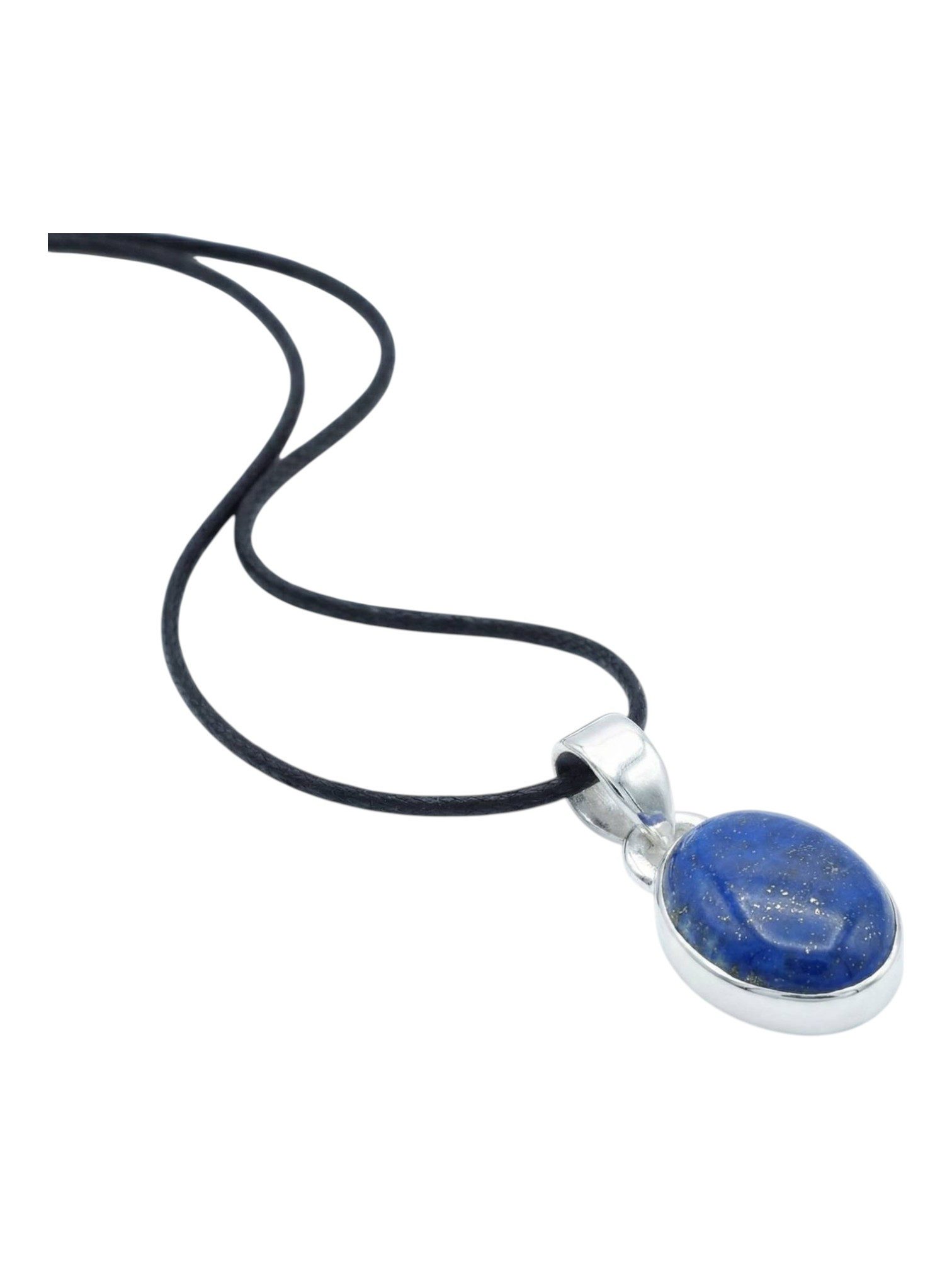 mantraroma Kettenanhänger SAMA oval aus 925 Silber mit Lapis Lazuli (Kettenanhänger am Baumwollband im Schmuckbeutel), 925 Sterling Silber Kettenanhänger für Damen