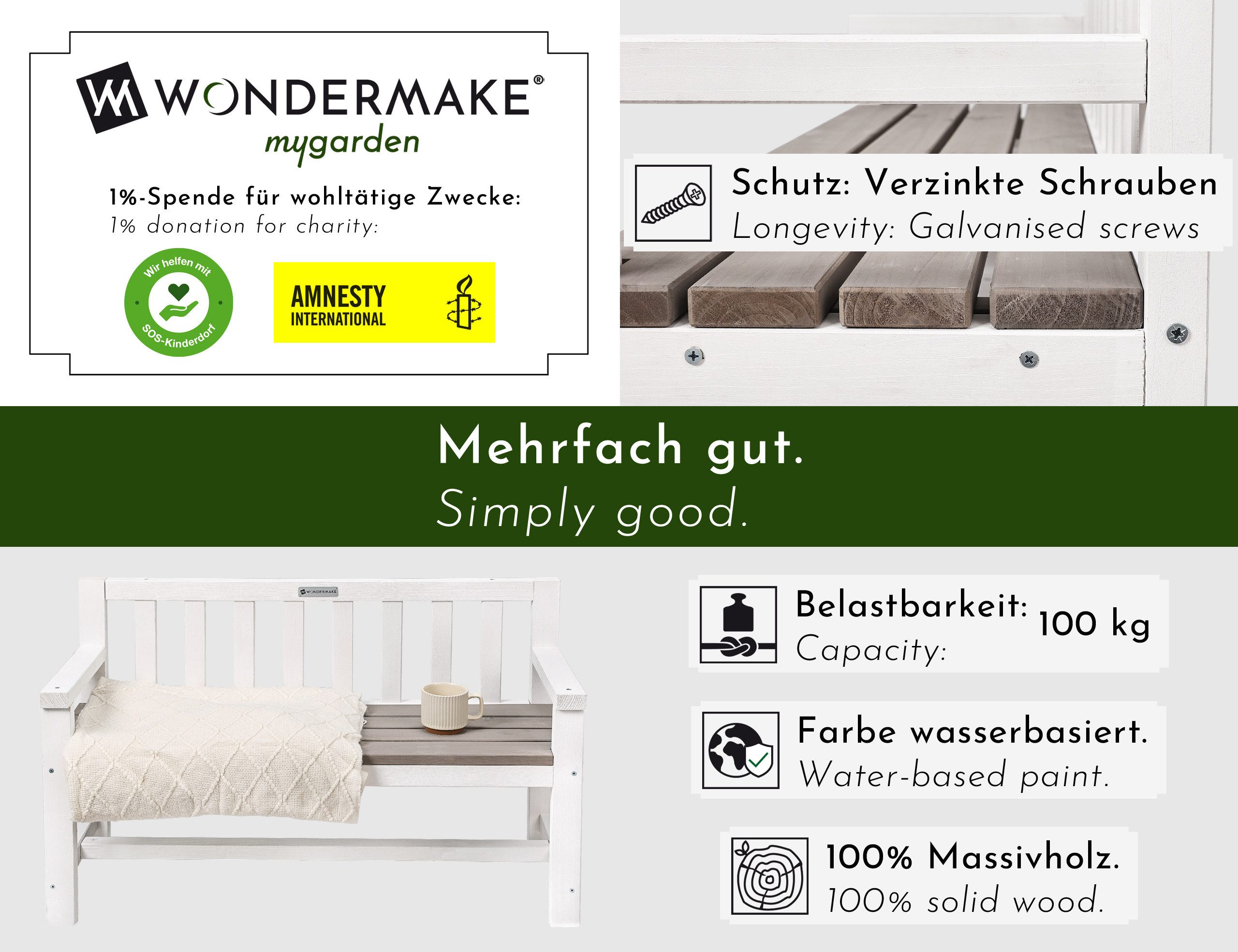 WONDERMAKE Gartenbank für Kinder Holz mit Lehne, Kinderbank Holzbank Sitzba günstig online kaufen