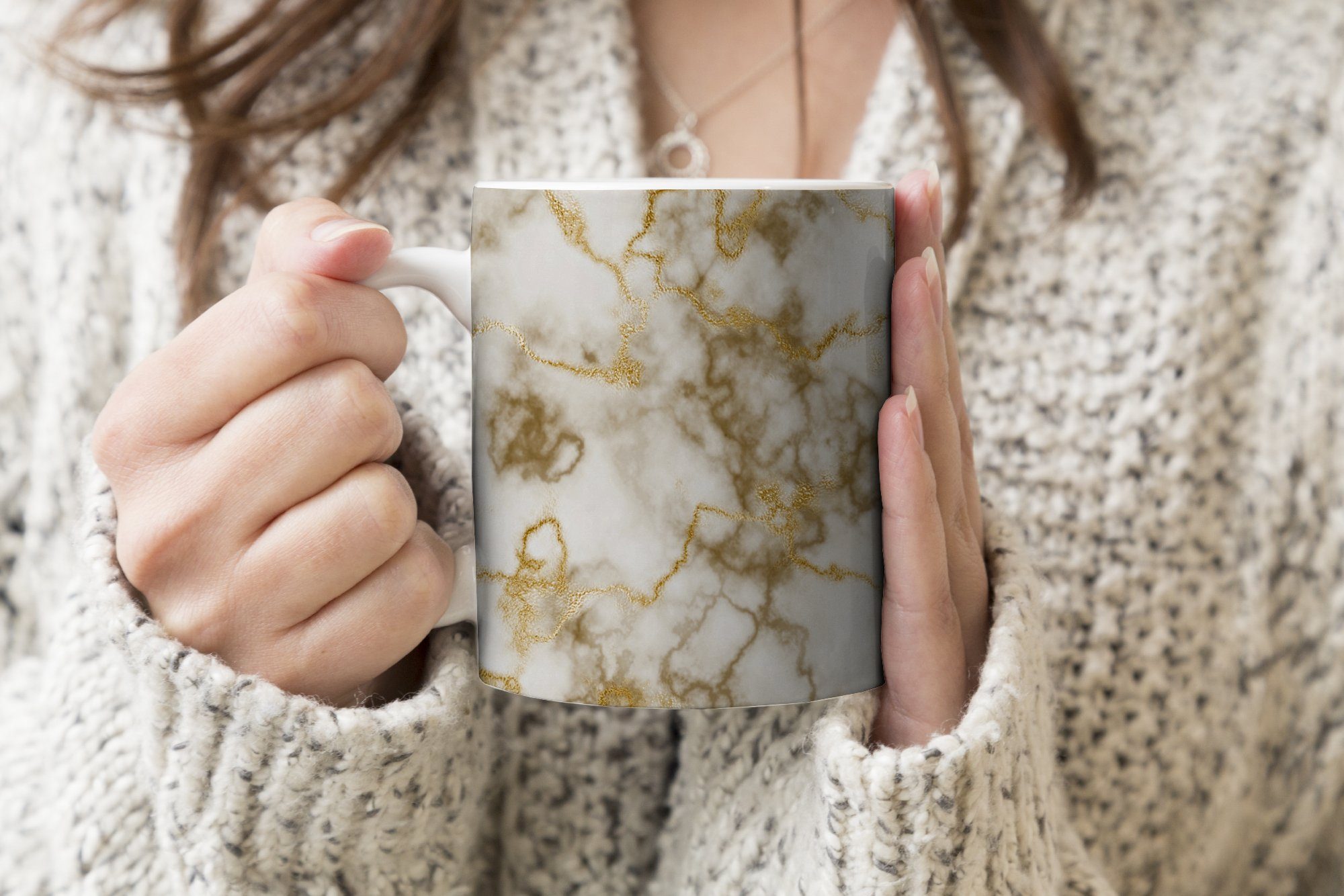 Teetasse, Geschenk Tasse Weiß Becher, - Kaffeetassen, Gold, Teetasse, - MuchoWow Keramik, Marmor