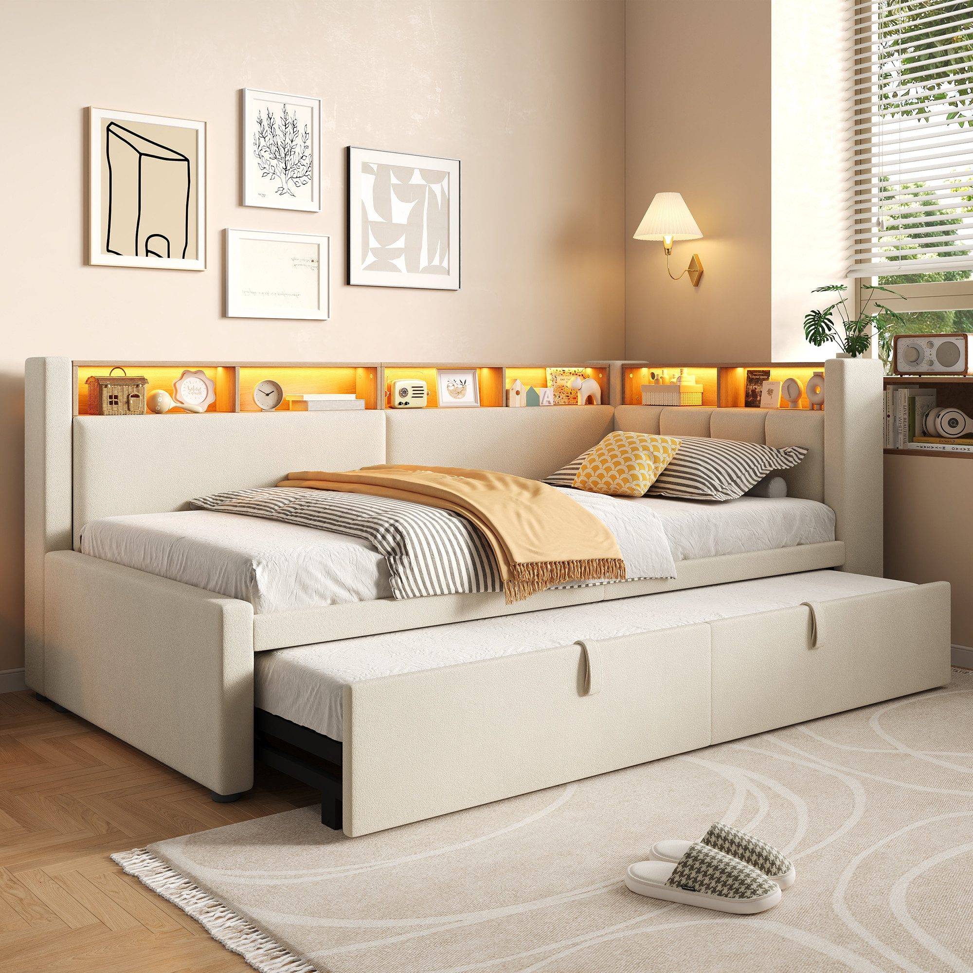 Merax Daybett 90x200cm/180x200cm mit LED-Beleuchtung & App- & Touch-Steuerung (Einzelbett Sofabett Schlafsofa Jugendbett, 1 tlg), Tagesbett mit Ausziehbett, Abl – Bild 2 von 5