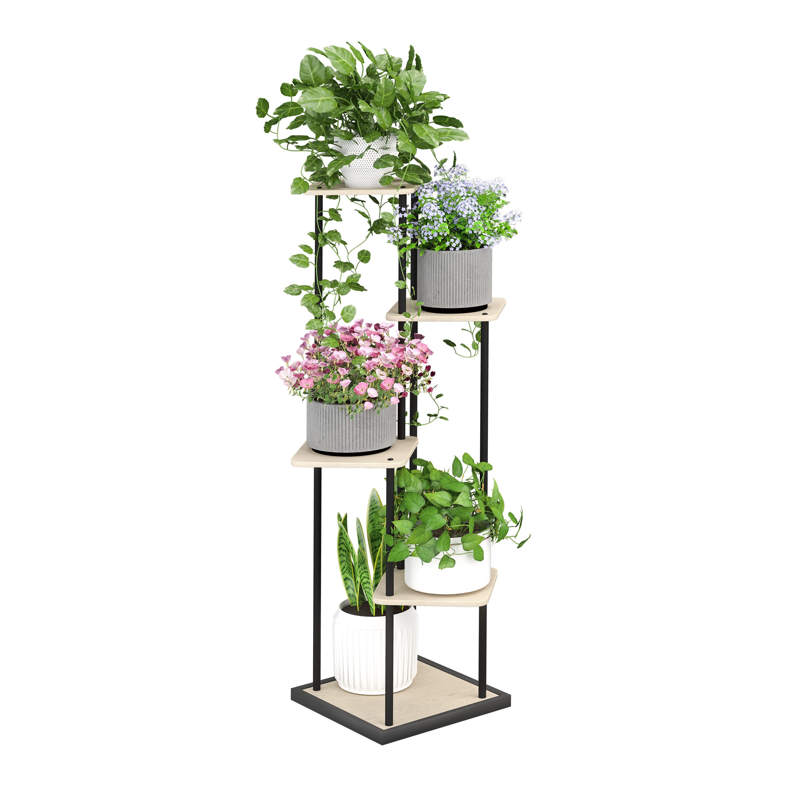 Ribelli Pflanzentreppe 5 Etagen Pflanzenständer, Blumenständer 106cm Höhe, Blumenregal aus Holz und Metall, Deko für Balkon Garten Wohnzimmer