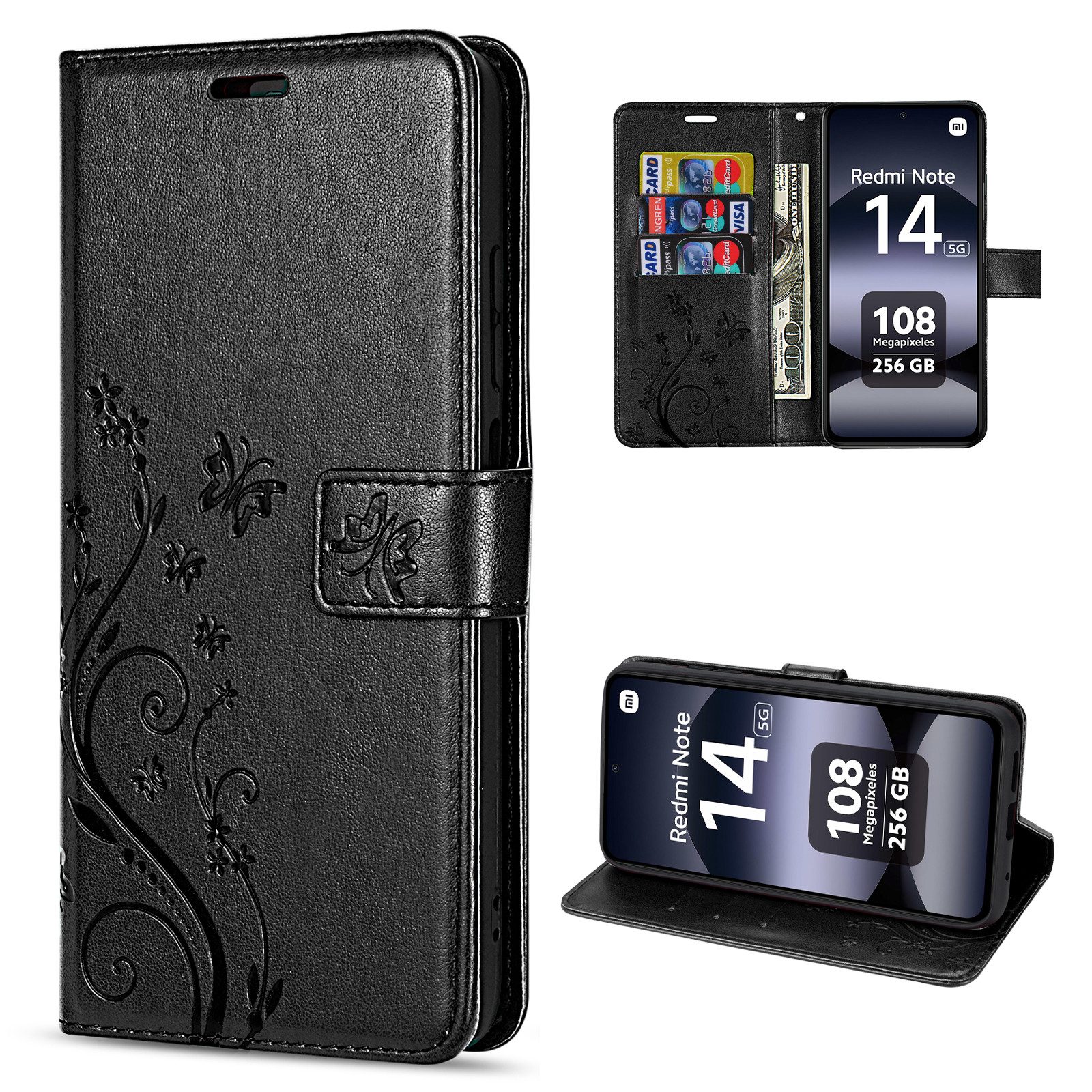 betterfon Handyhülle für Xiaomi Redmi Note 14 5G Handy Wallet Case Flip Cover, Bookstyle-Hülle: Magnetverschluss 3 Kartenfächer & Standfunktion