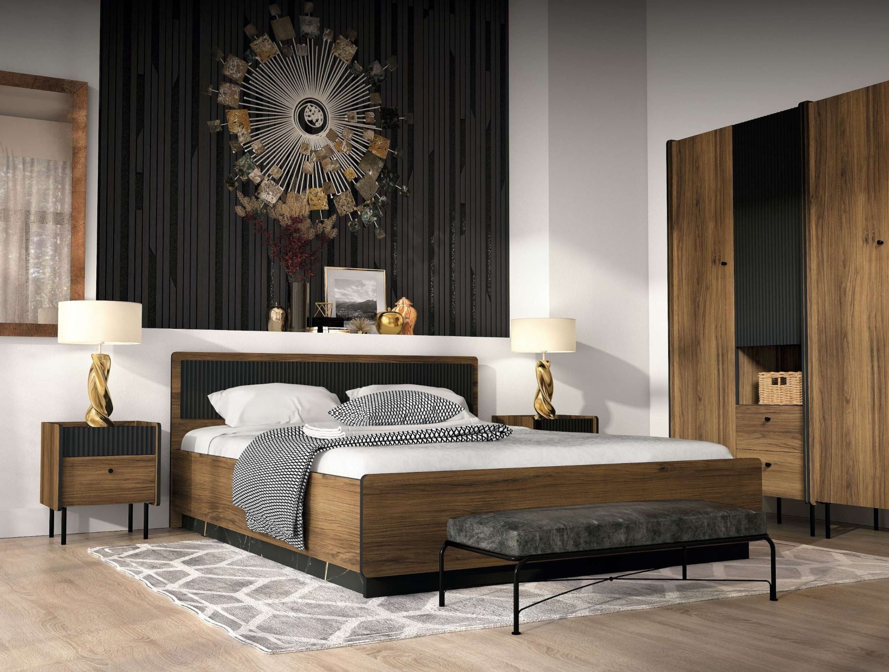 99rooms Schlafzimmer-Set Gostin, (Set (5-St), Komplett Schlafzimmer), Modern Design, mit Matratze (160×200) & Lattenrost