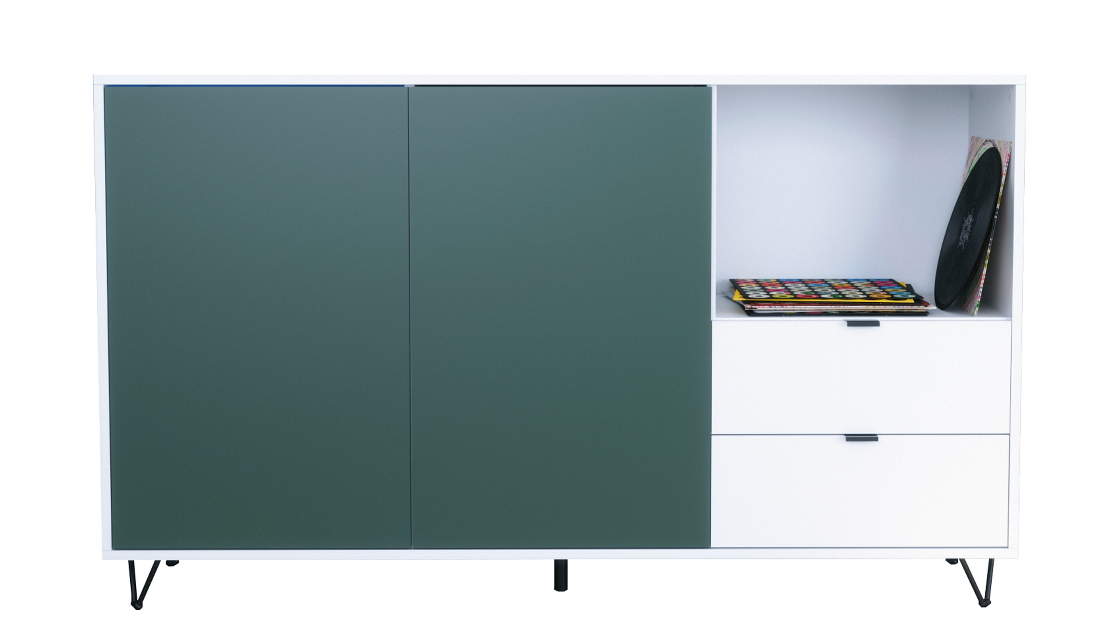 Vladon Sideboard Marino (Kommode mit 2 Türen Fjord Grün, 2 Schubladen Weiß matt, Made in Germany), Korpus Weiß matt (152,5 x 90,5 x 37 cm)