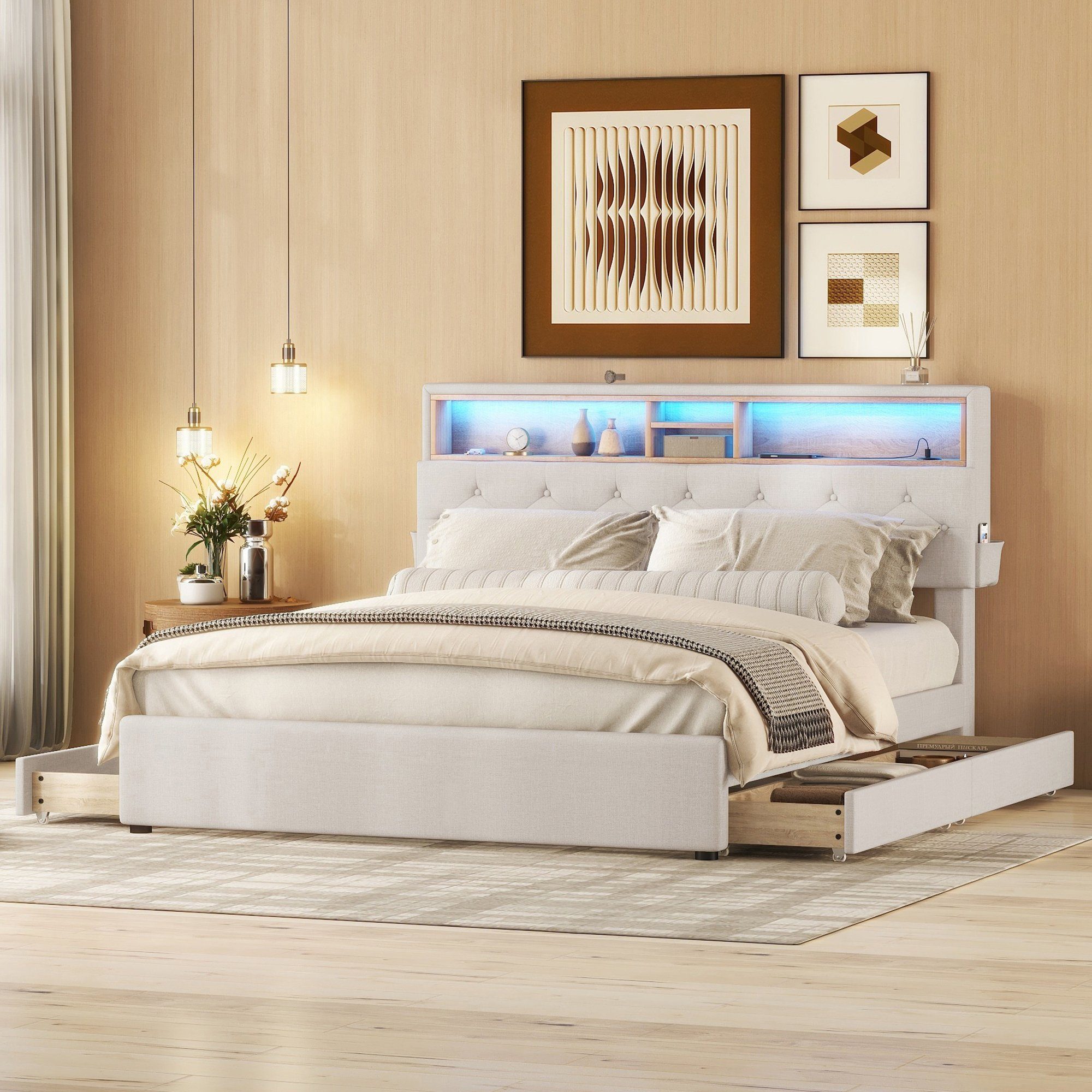 Flieks Polsterbett, LED Beleuchtung Doppelbett USB günstig online kaufen