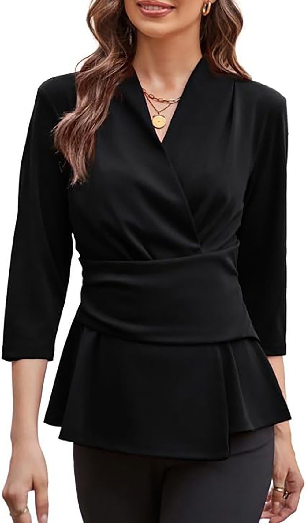 ZWY Hemdbluse Elegante Bluse für Frauen, Wickeloberteil mit sieben Ärmeln V-Ausschnitt Slim Shirt Top, Work Business Top