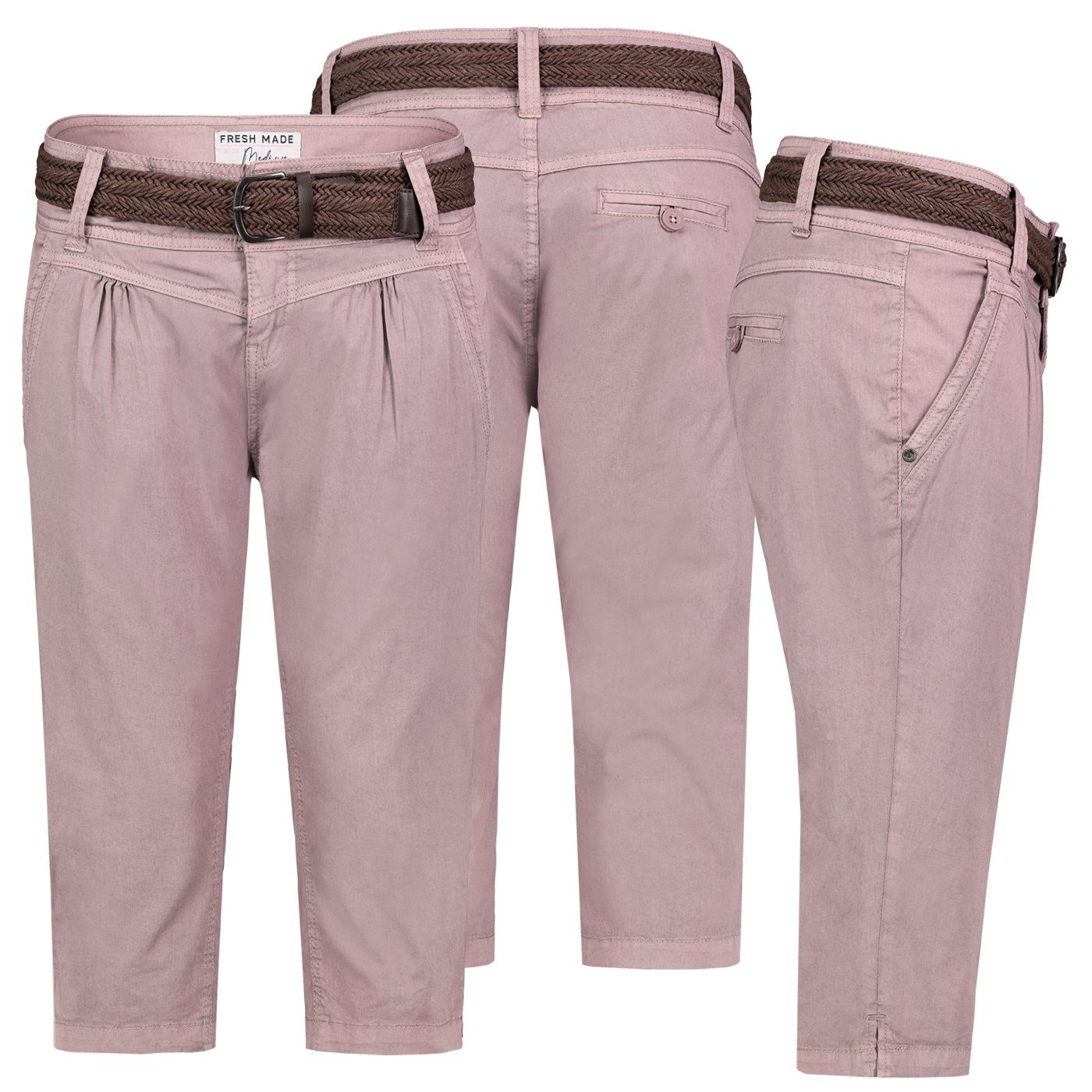 Capri Bermuda Made Gürtel Chino Fresh Short Bermudas Hose Sommer Damen 3/4 mit Rosa Stoff Hose