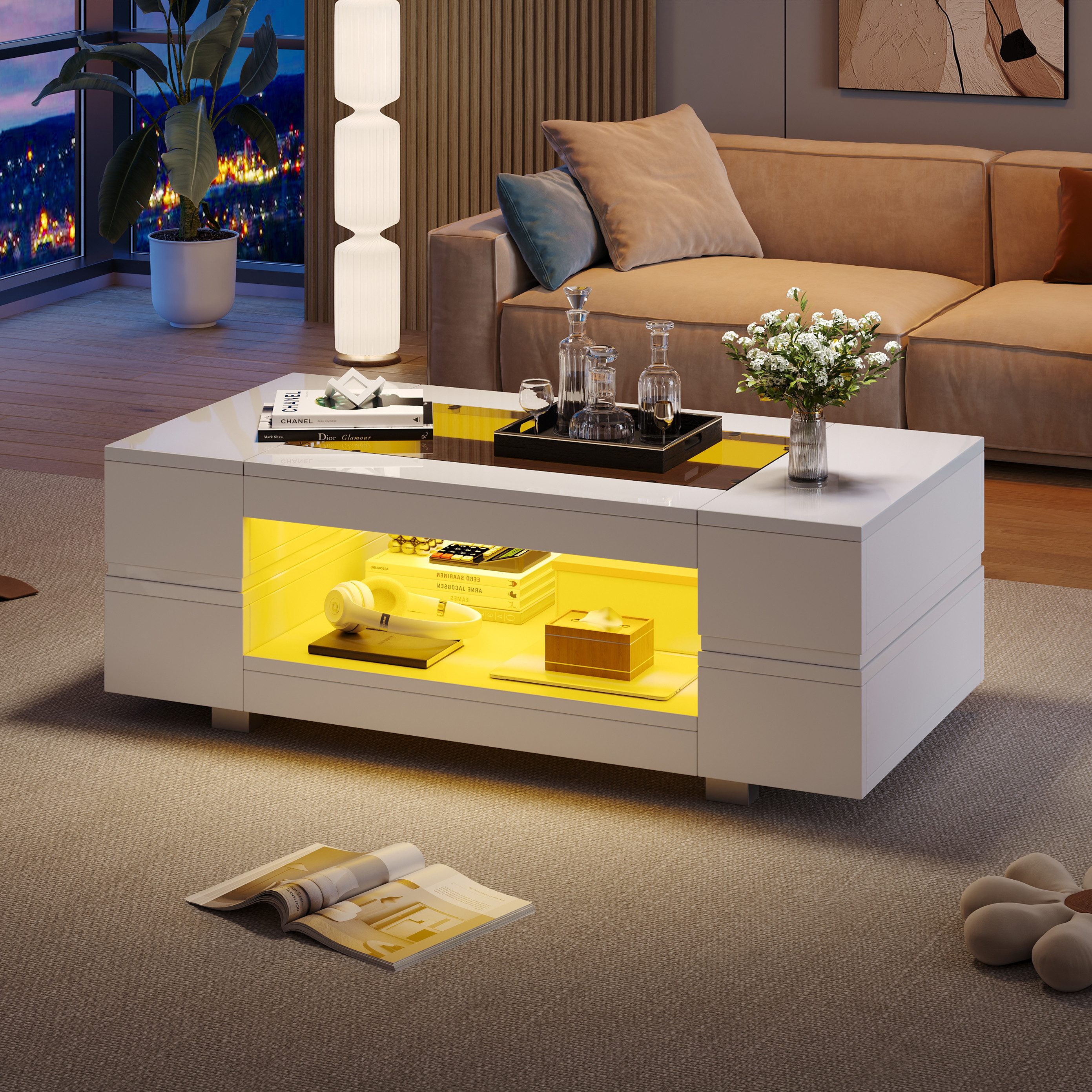 Merax Couchtisch hochglanz Sofatisch Beistelltisch mit LED-Beleuchtung (1-St., 1 Tisch), Wohnzimmertisch mit Stauraum & Glas, 100x50x35cm – Bild 4 von 5