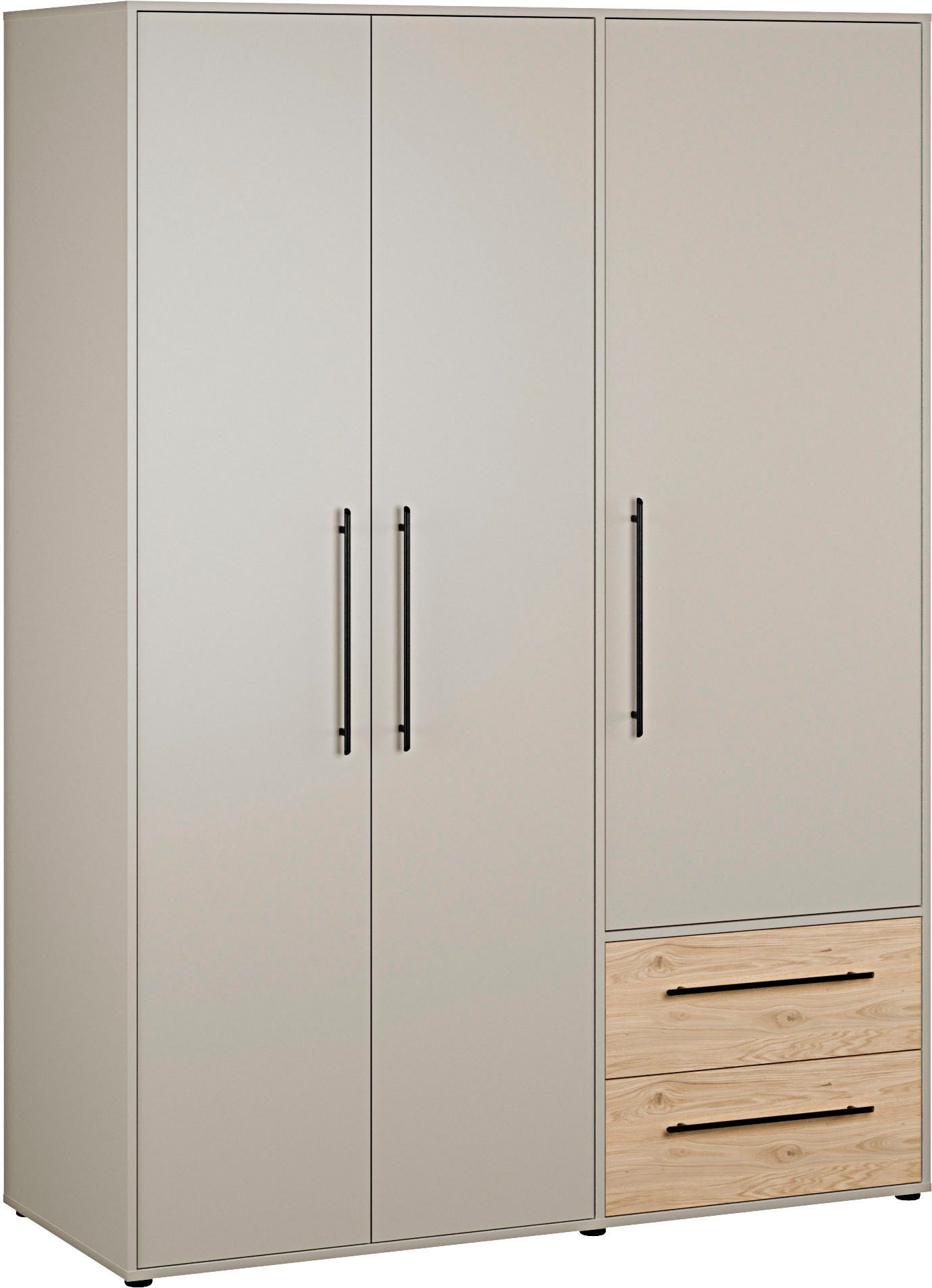 FORTE Kleiderschrank Mokkaris, Garderobe, zeitloses Design, 3 Türen, Made in Europe (B/H/T ca. 144x200x59cm) Zwei Schubladen, schwarze Stangengriffe, Stauraum, auch in Schwarz