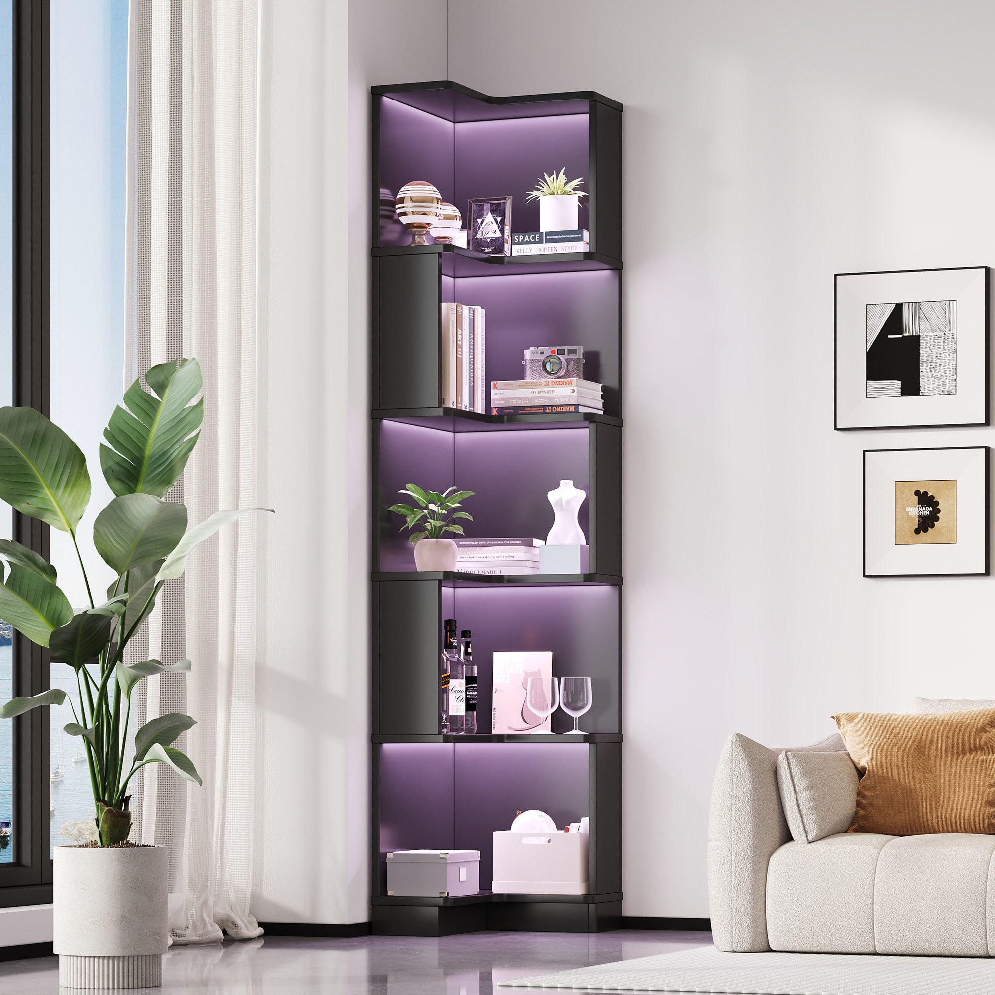 Flieks Bücherregal Standregal Eckregal mit LED-Beleuchtung und 6 Ebenen/5 Ebenen, B63,5/T45/H175 cm 1-tlg., Eckbücherregal mit 5 Fächer L-förmig Hochschrank Eck – Bild 4 von 5