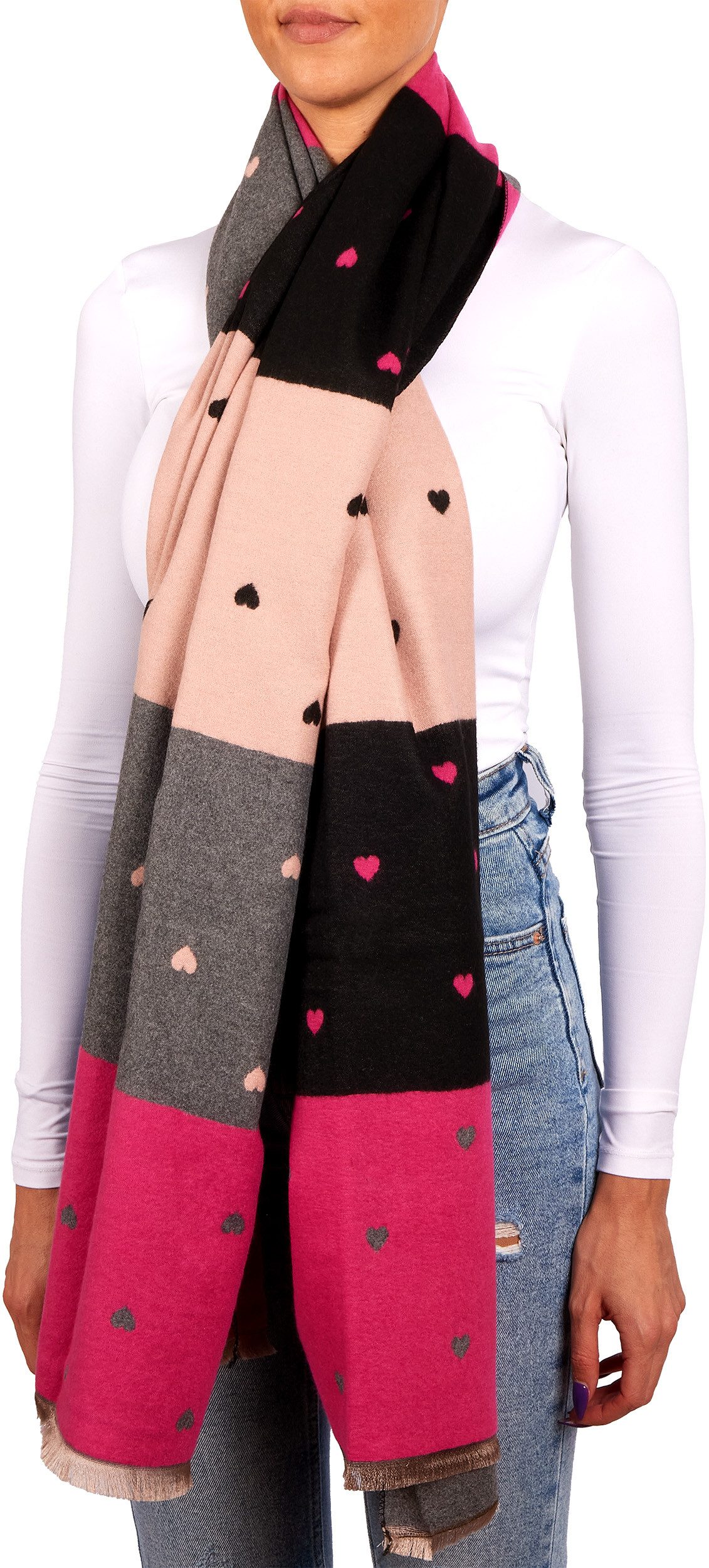 BRUBAKER Schal Cashmirillo Damen Schal mit Herz Muster - 70 x 200 cm, (Weiches Kaschmir-Gefühl, 1-St. für Herbst und Winter), Warm, Kuschelig und Oversized - He – Bild 3 von 5