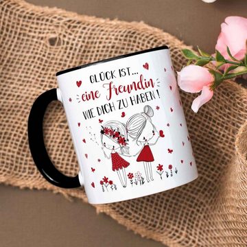 GRAVURZEILE Tasse mit Spruch Glück ist eine Freundin, - Persönliches Geschenk für Freundinnen - Schwarz & Weiß