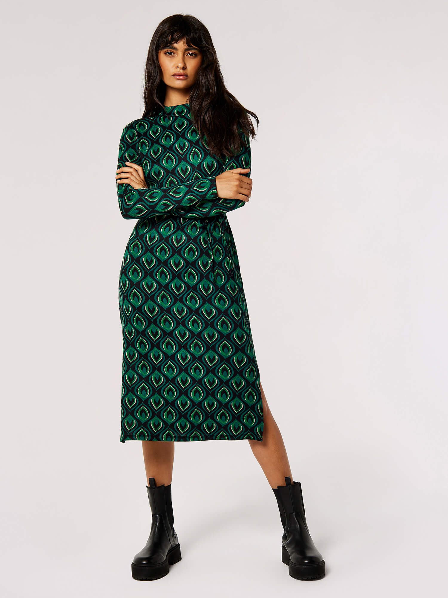 Apricot Druckkleid Geometrisch gemustertes Midikleid, (2-tlg., günstig online kaufen