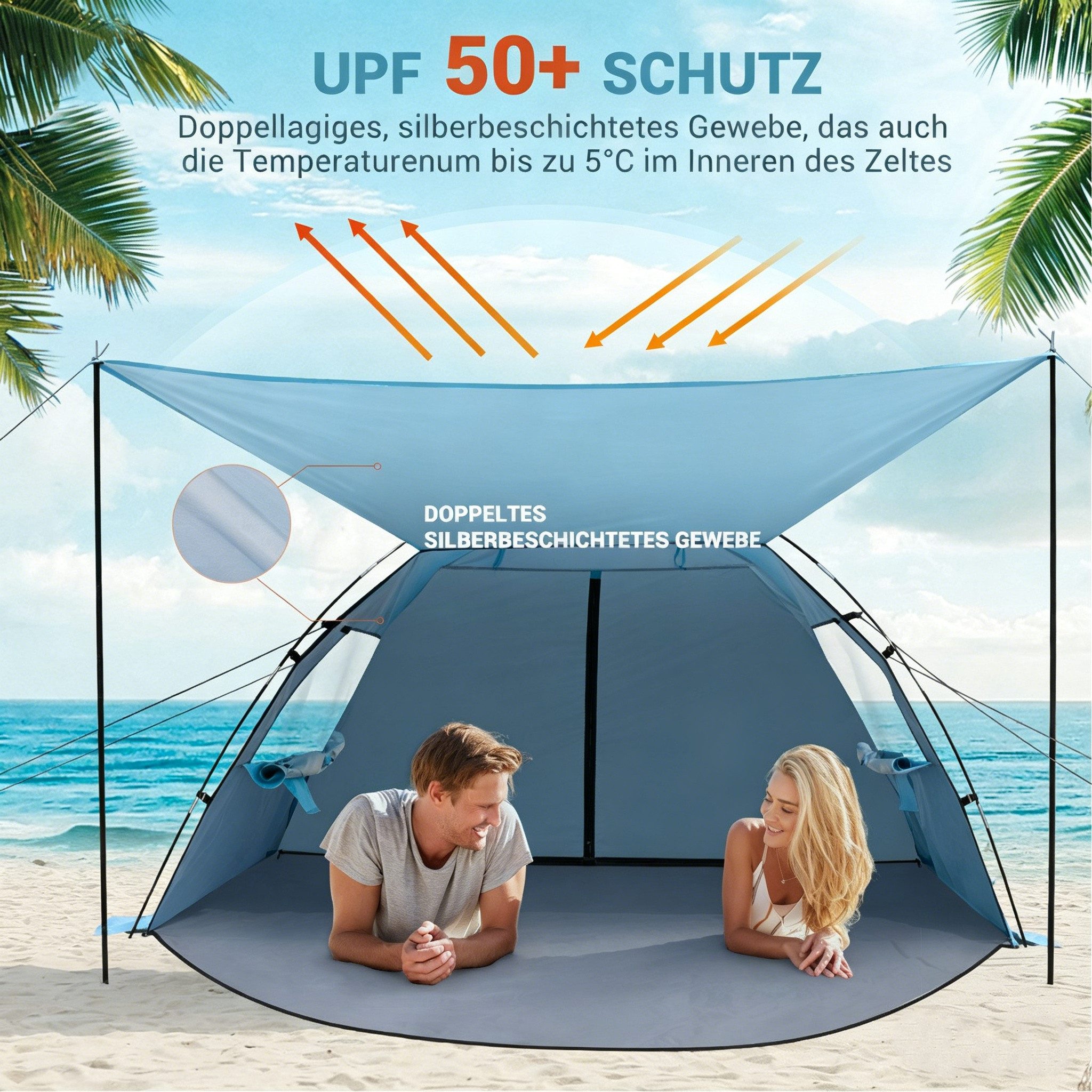 Elegear Strandmuschel mit Sonnendach für 4-5 Personen, Pop Up Strandzelt (UV Schutz UPF 50), Personen: 4 (1 tlg), Strandmuschel Tragbares mit Sandsäcken, Erdspießen und Seilen