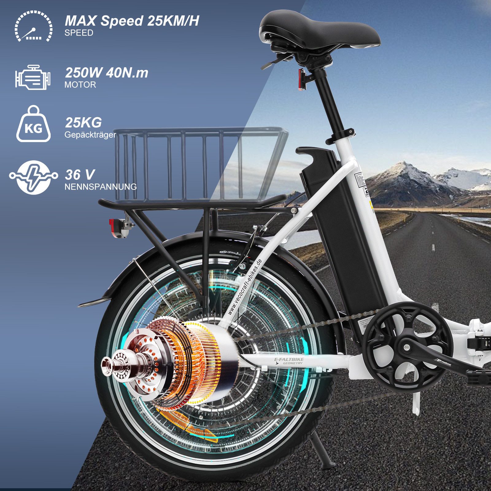 VECOCRAFT E-Bike Faltrad 36V 13Ah Elektrofahrrad,20’’ Pedelec max.100km,klappbar, E-PAX, 7 Gang Shimano, Kettenschaltung, Heckmotor, 468 Wh, E-Citybike,Cityrad für Damen und Herren mit Gepäckträger