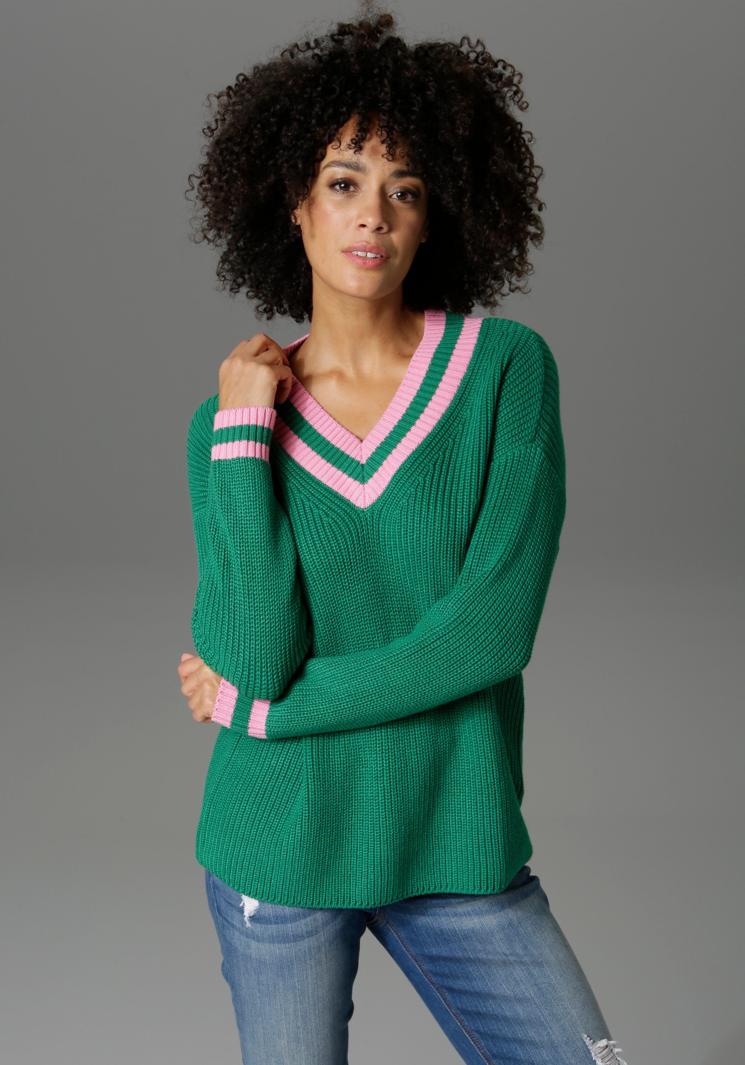 Aniston CASUAL V-Ausschnitt-Pullover mit gestreiften Bündchen online kaufen  | OTTO